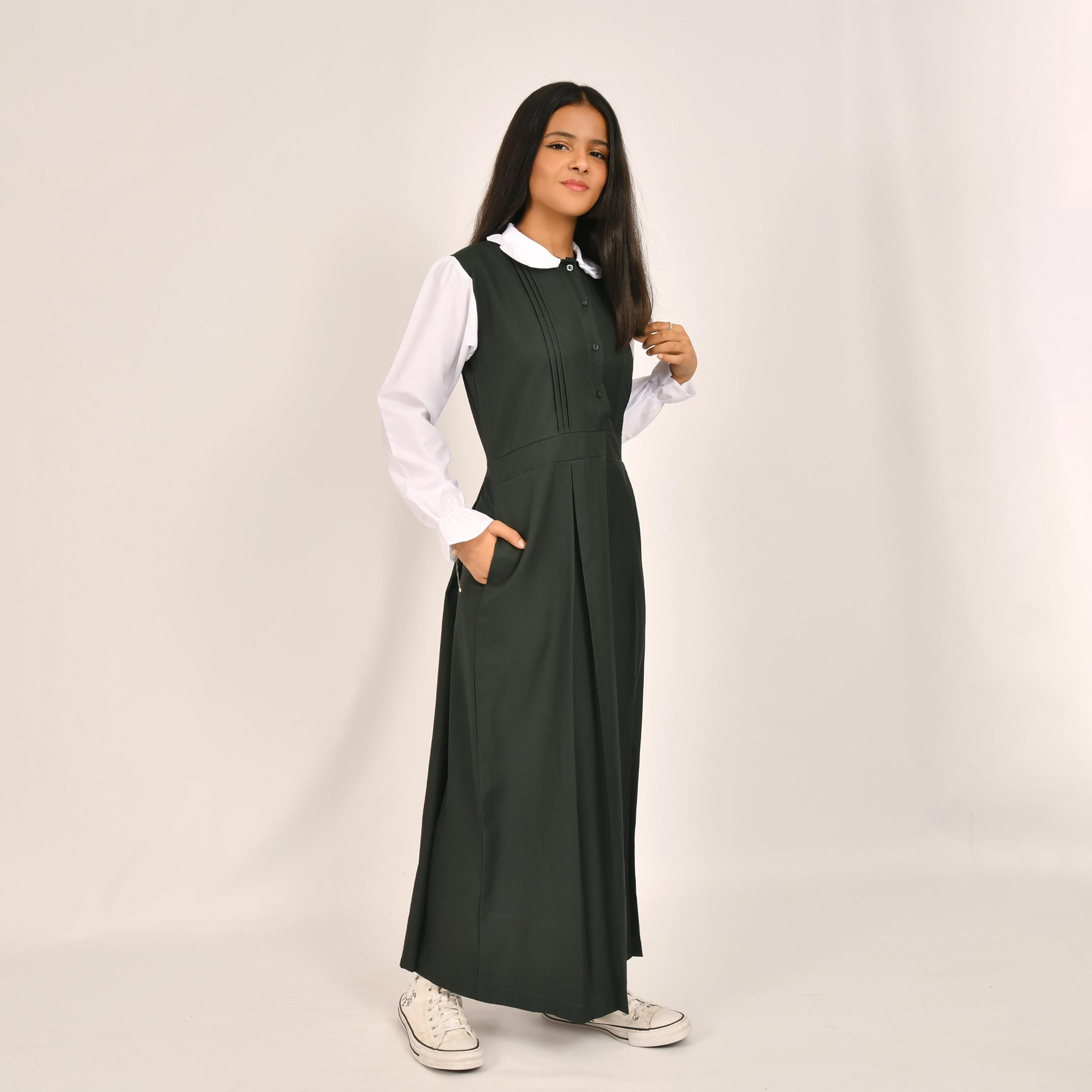 Hawraa Green Linen Collared Sleeveless Girls Pinafore Dress-girls-clothing-dressesandjumpsuits-image-1