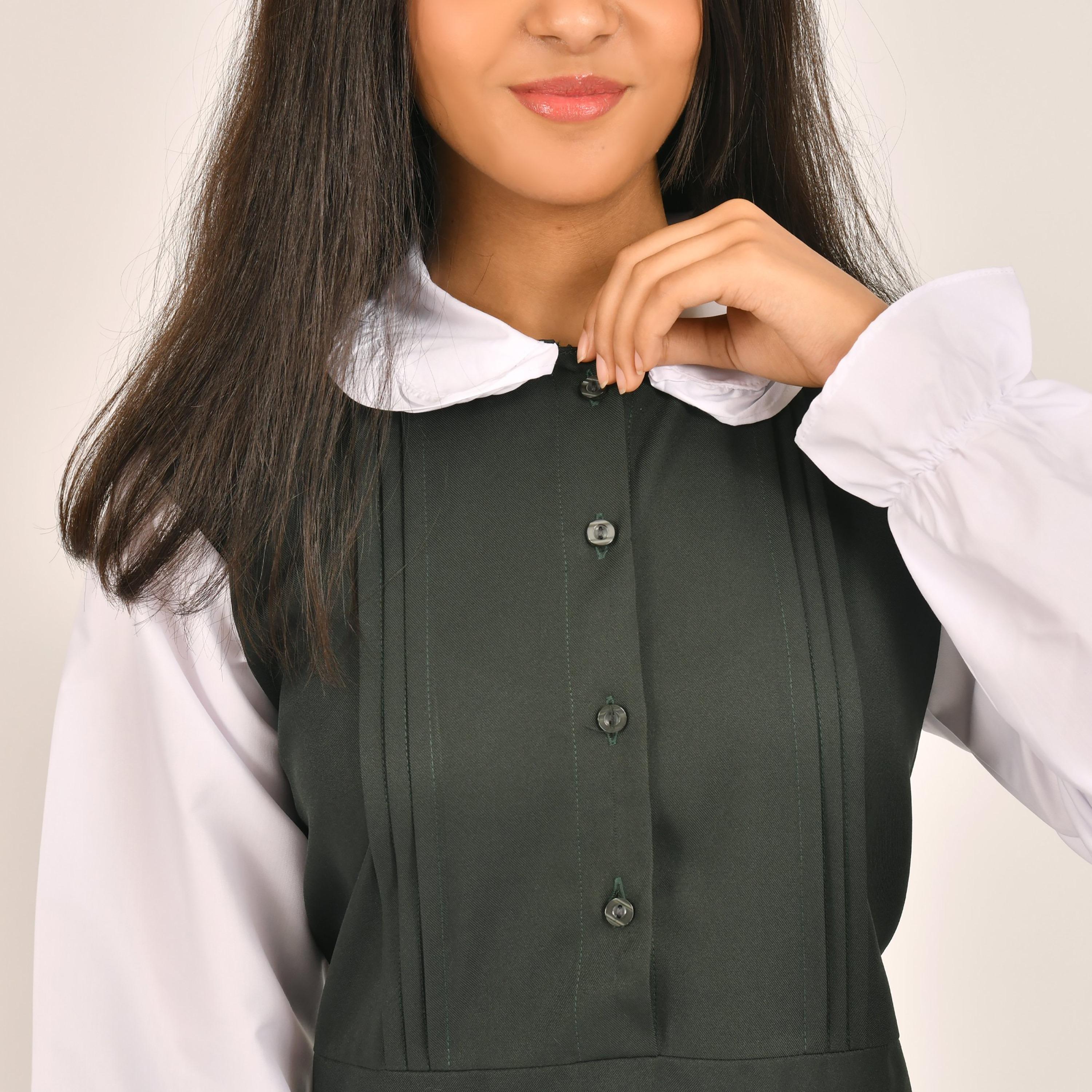 Hawraa Green Linen Collared Sleeveless Girls Pinafore Dress-girls-clothing-dressesandjumpsuits-image-2