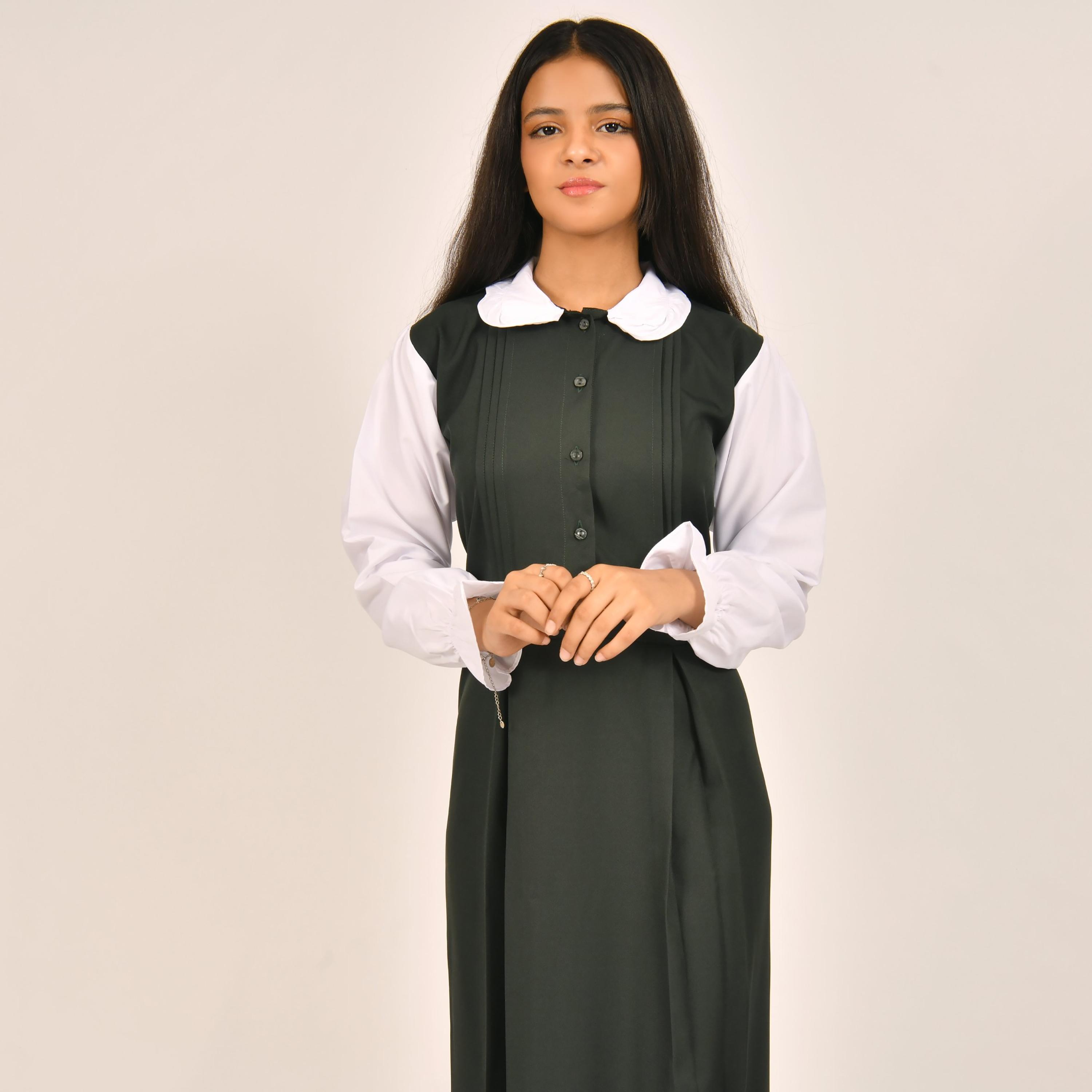 Hawraa Green Linen Collared Sleeveless Girls Pinafore Dress-girls-clothing-dressesandjumpsuits-image-4