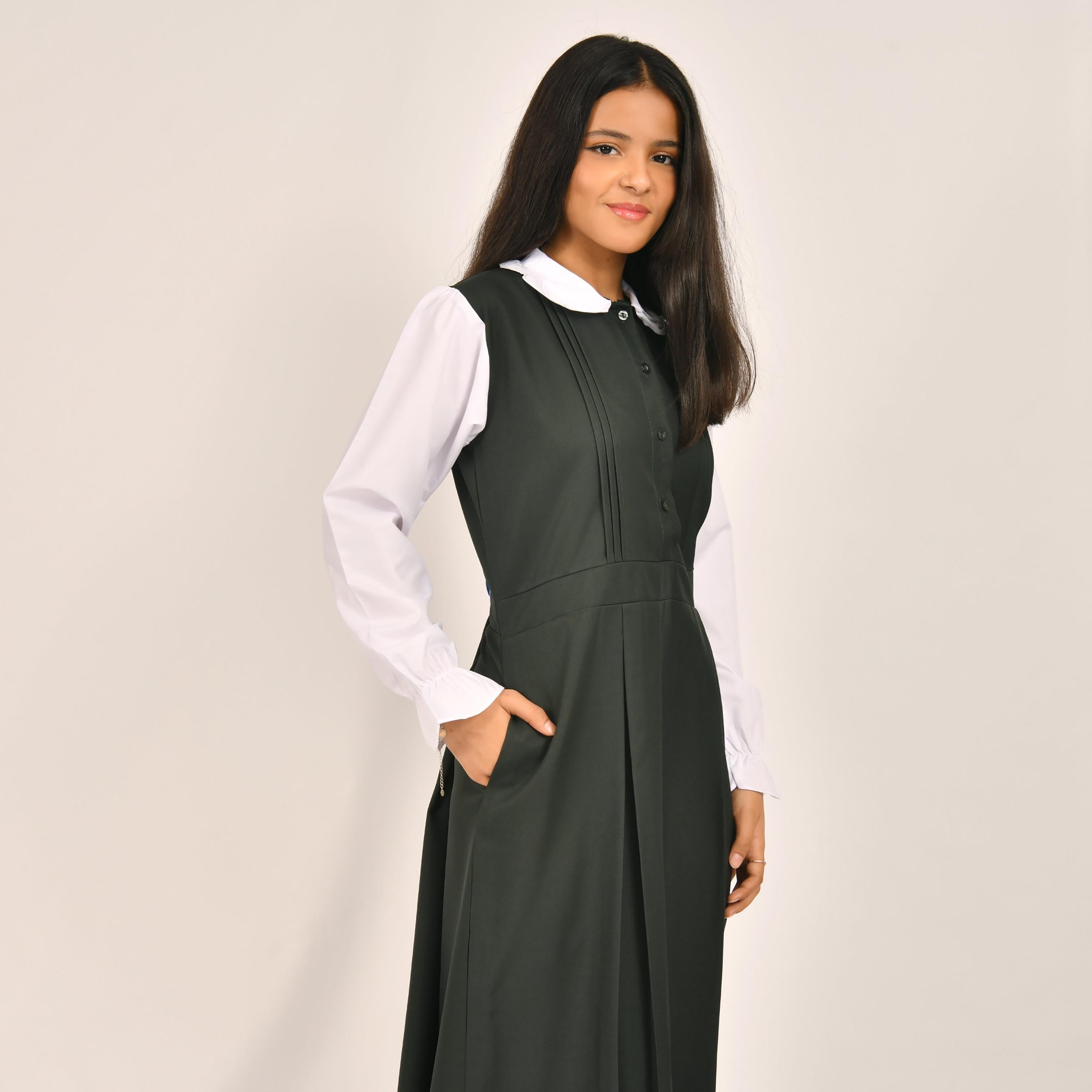 Hawraa Green Linen Collared Sleeveless Girls Pinafore Dress-girls-clothing-dressesandjumpsuits-image-6