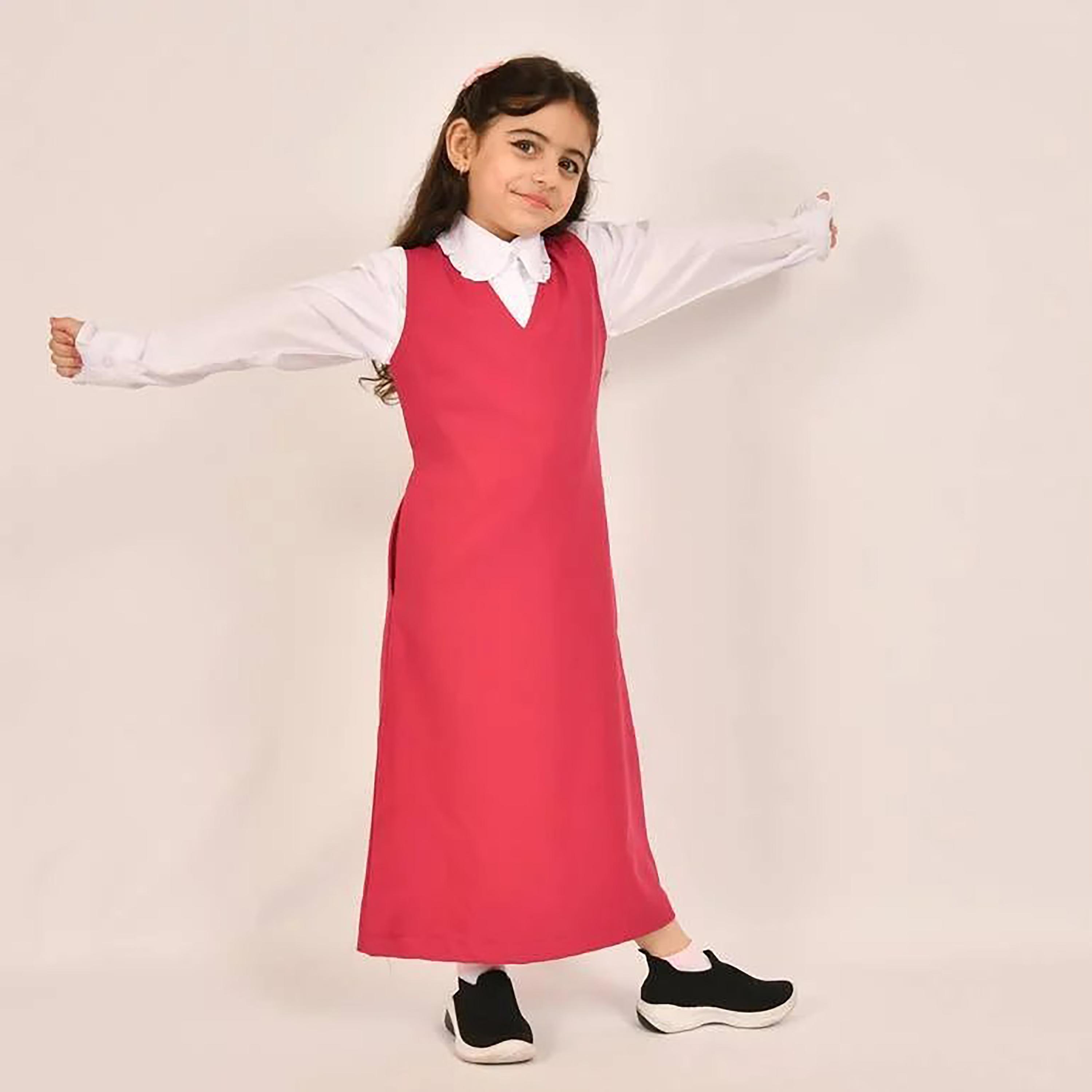 Hawraa Pink Linen V-Neck Sleeveless Girls Pinafore Dress-girls-clothing-dressesandjumpsuits-image-1