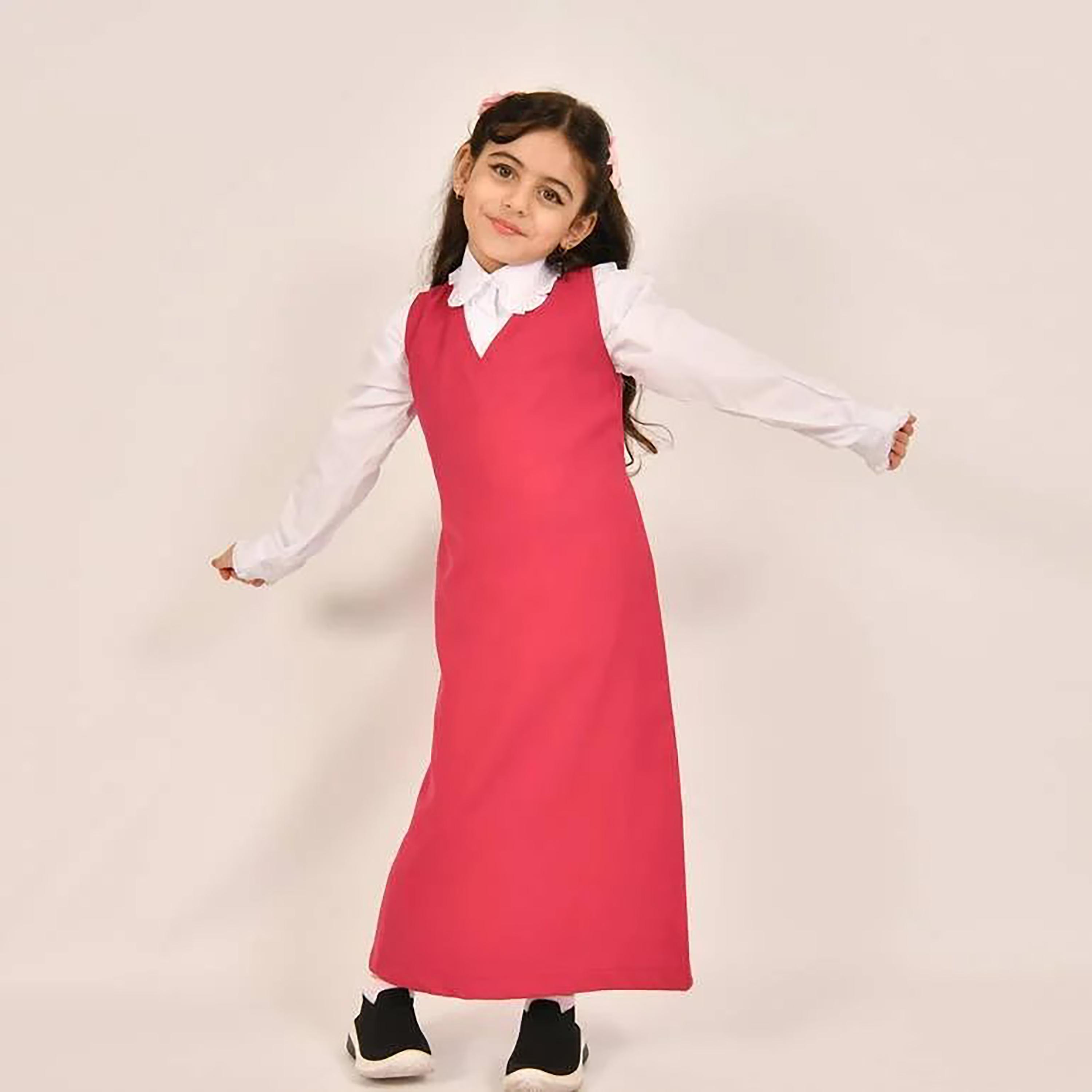 Hawraa Pink Linen V-Neck Sleeveless Girls Pinafore Dress-girls-clothing-dressesandjumpsuits-image-4