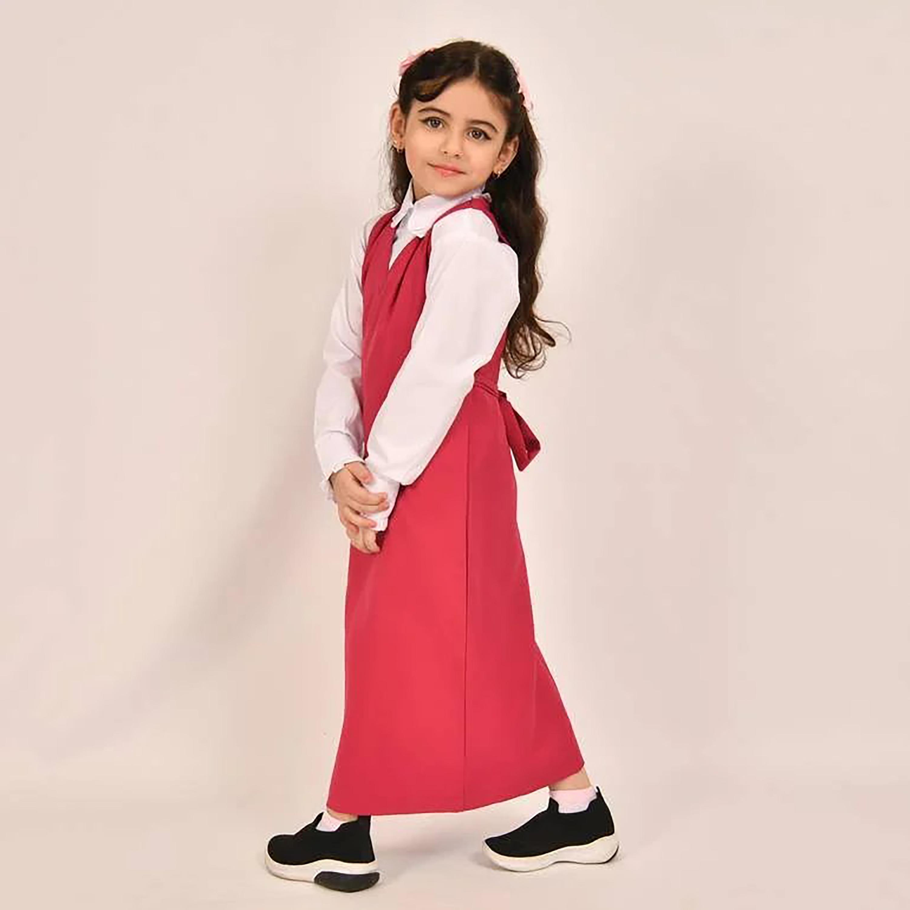 Hawraa Pink Linen V-Neck Sleeveless Girls Pinafore Dress-girls-clothing-dressesandjumpsuits-image-5