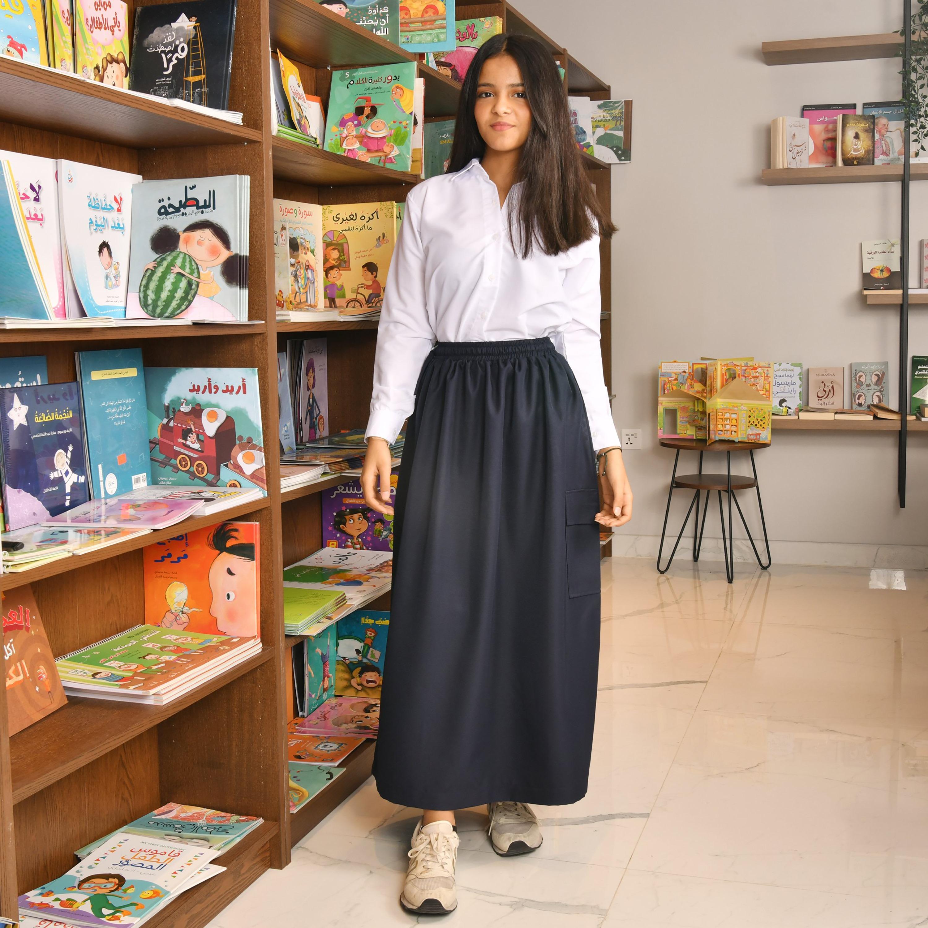 Hawraa Blue Plain Linen Girls Full Length Skirt-girls-clothing-schoolwear-bottoms-skirt-image-1