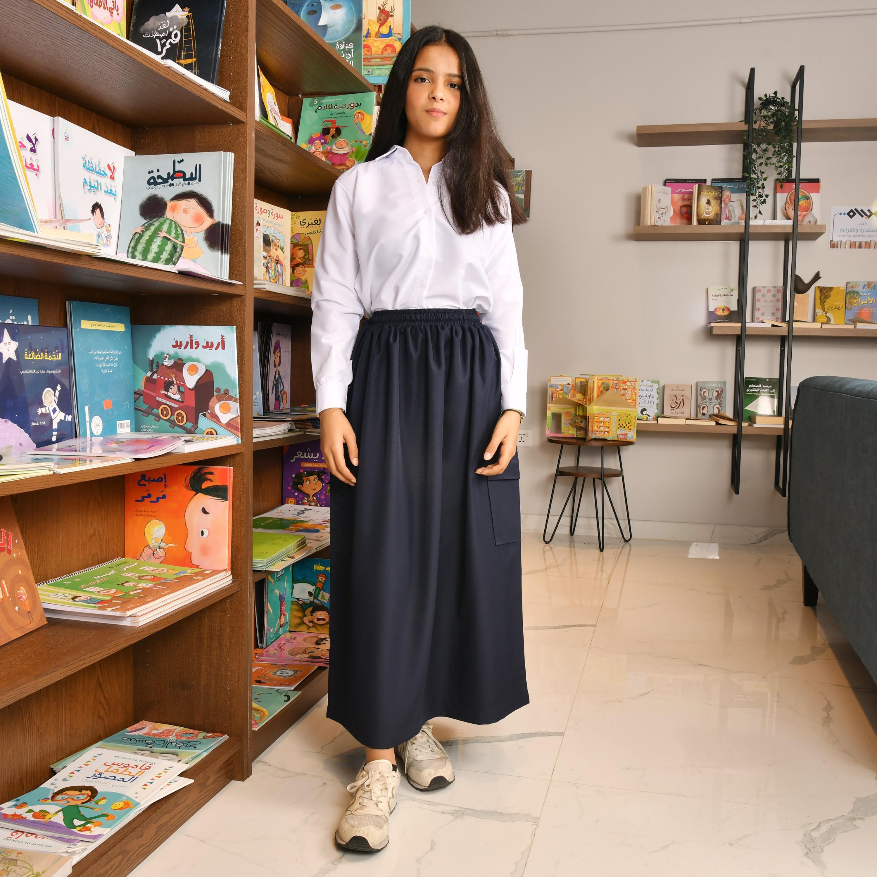Hawraa Blue Plain Linen Girls Full Length Skirt-girls-clothing-schoolwear-bottoms-skirt-image-3