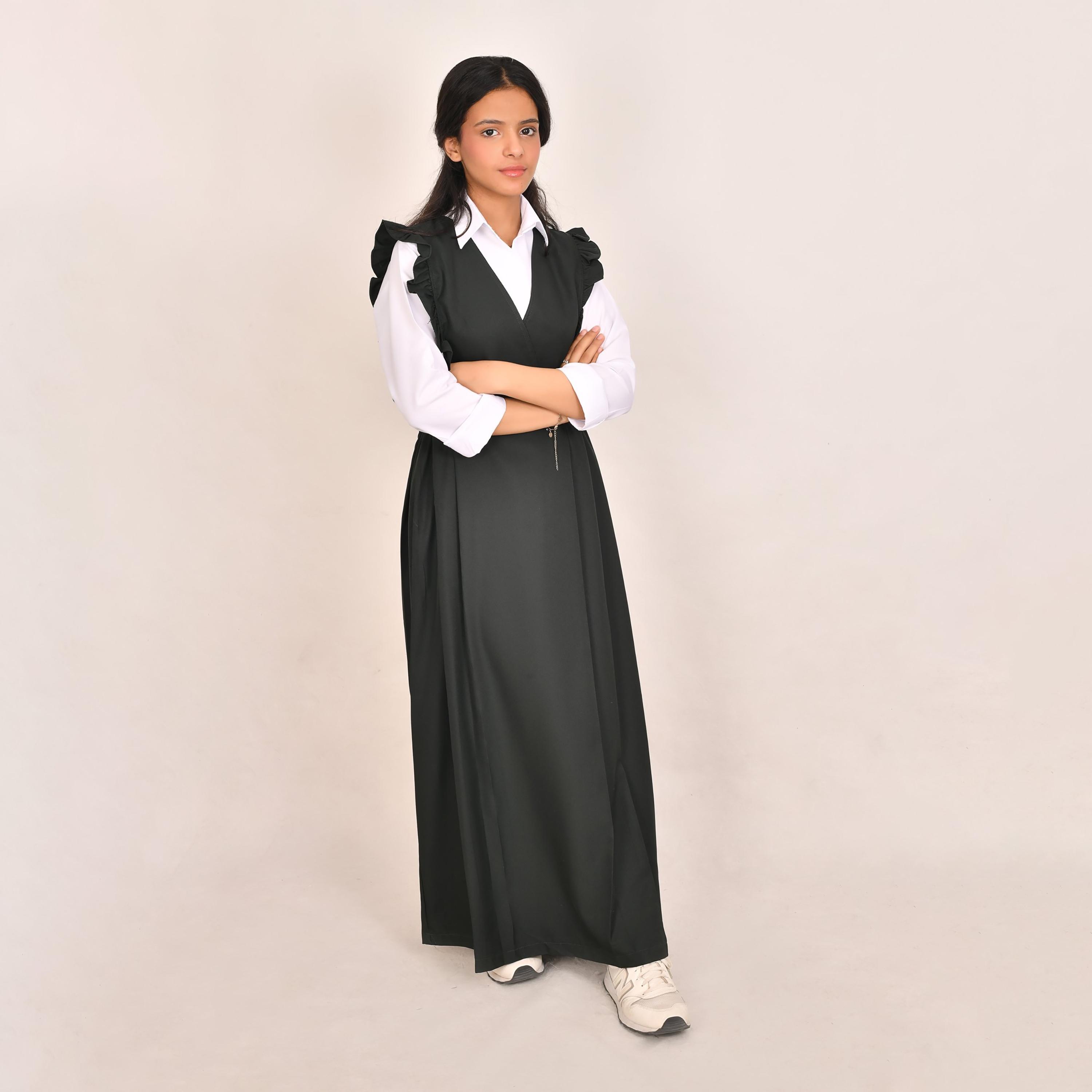 Hawraa Green Linen V-Neck Sleeveless Girls Pinafore Dress-girls-clothing-dressesandjumpsuits-image-1