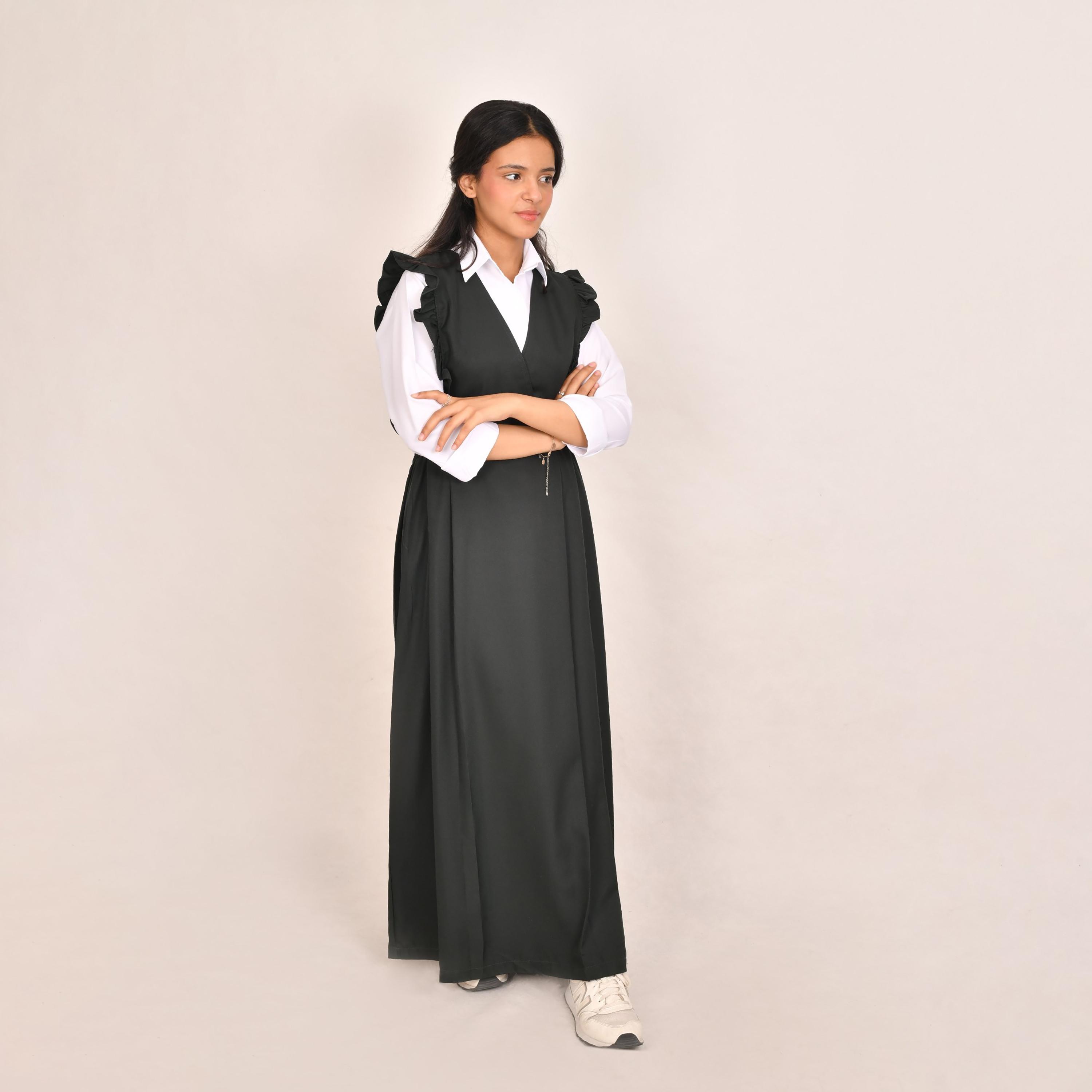 Hawraa Green Linen V-Neck Sleeveless Girls Pinafore Dress-girls-clothing-dressesandjumpsuits-image-4