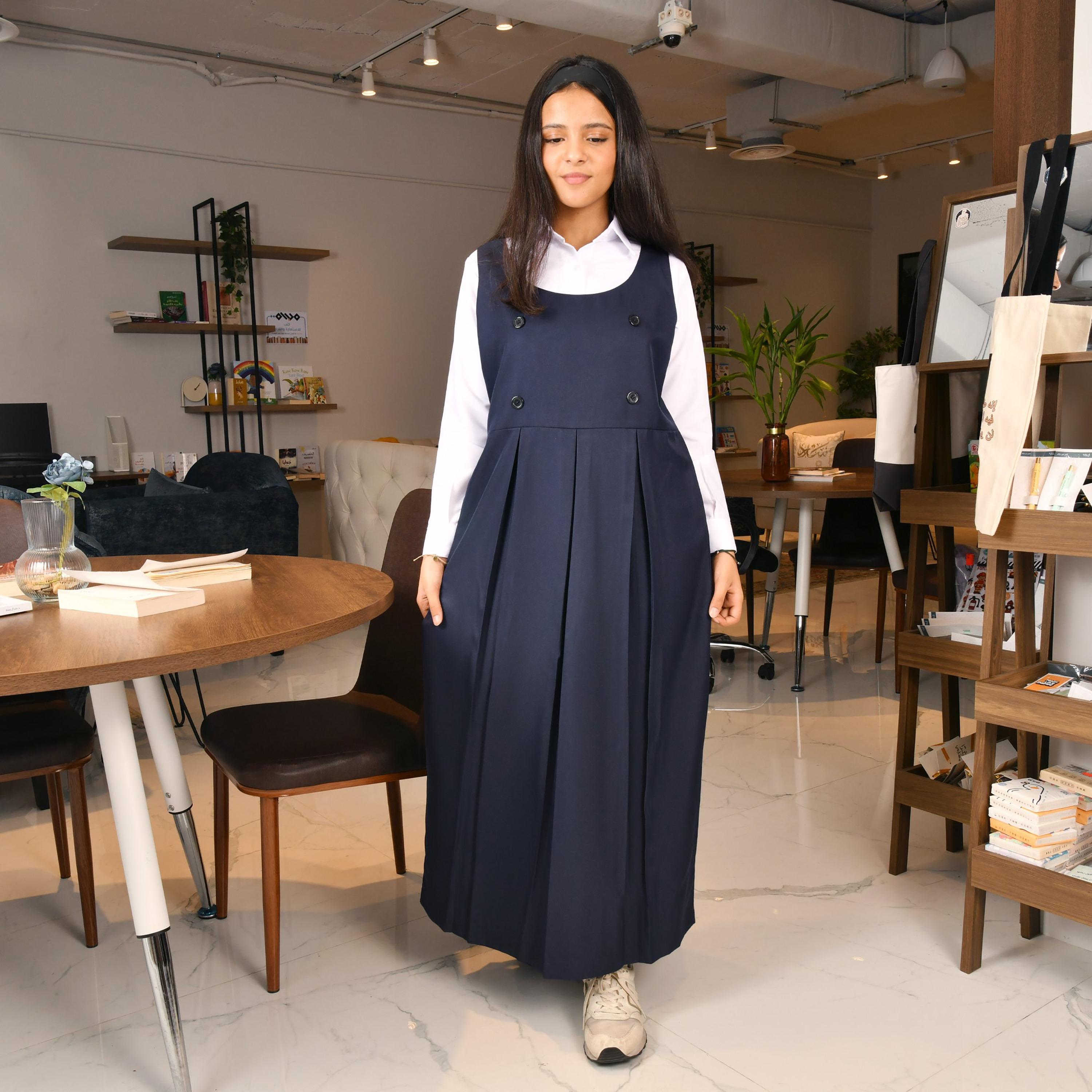 Hawraa Blue Linen Round Neck Sleeveless Girls Pinafore Dress-girls-clothing-dressesandjumpsuits-image-1