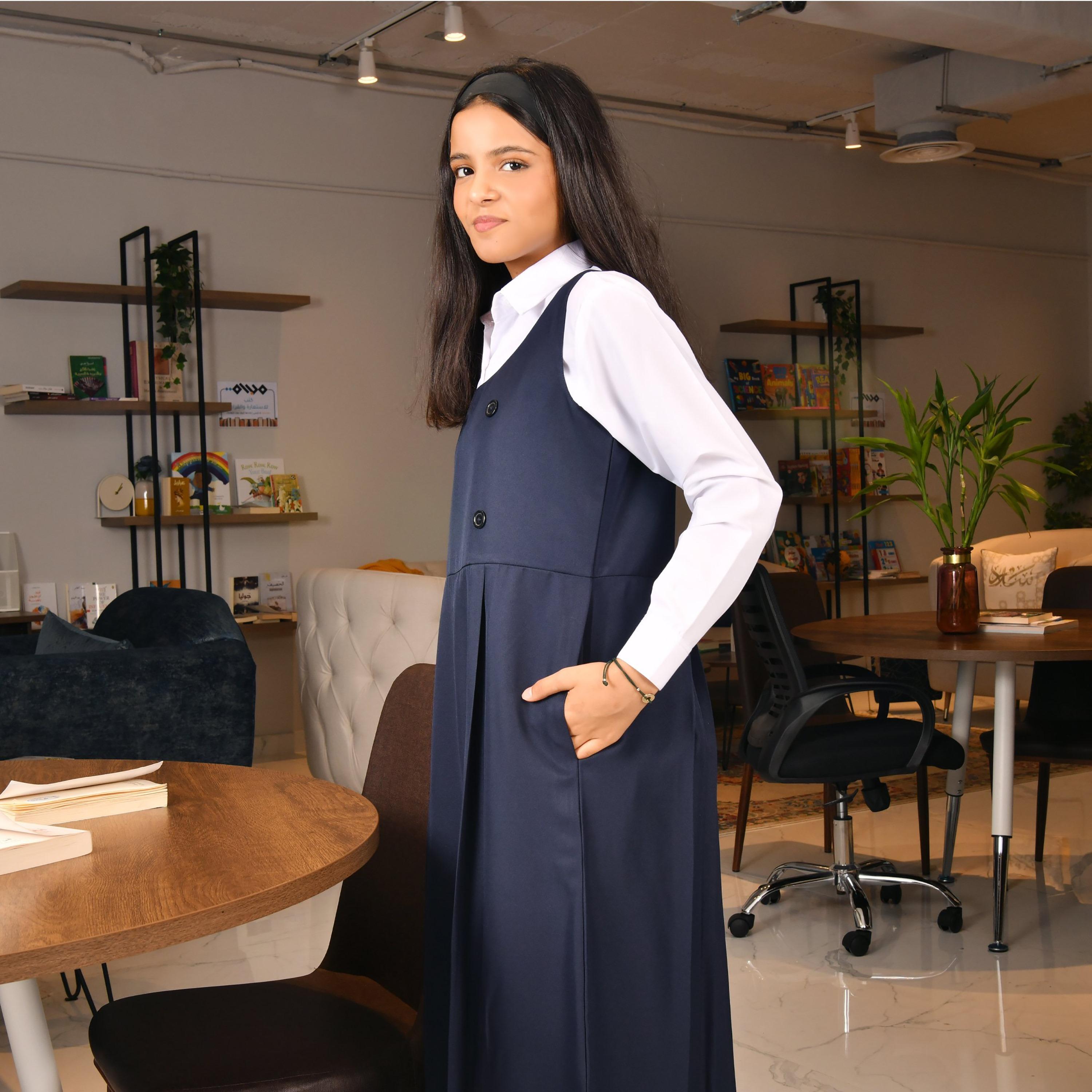 Hawraa Blue Linen Round Neck Sleeveless Girls Pinafore Dress-girls-clothing-dressesandjumpsuits-image-4