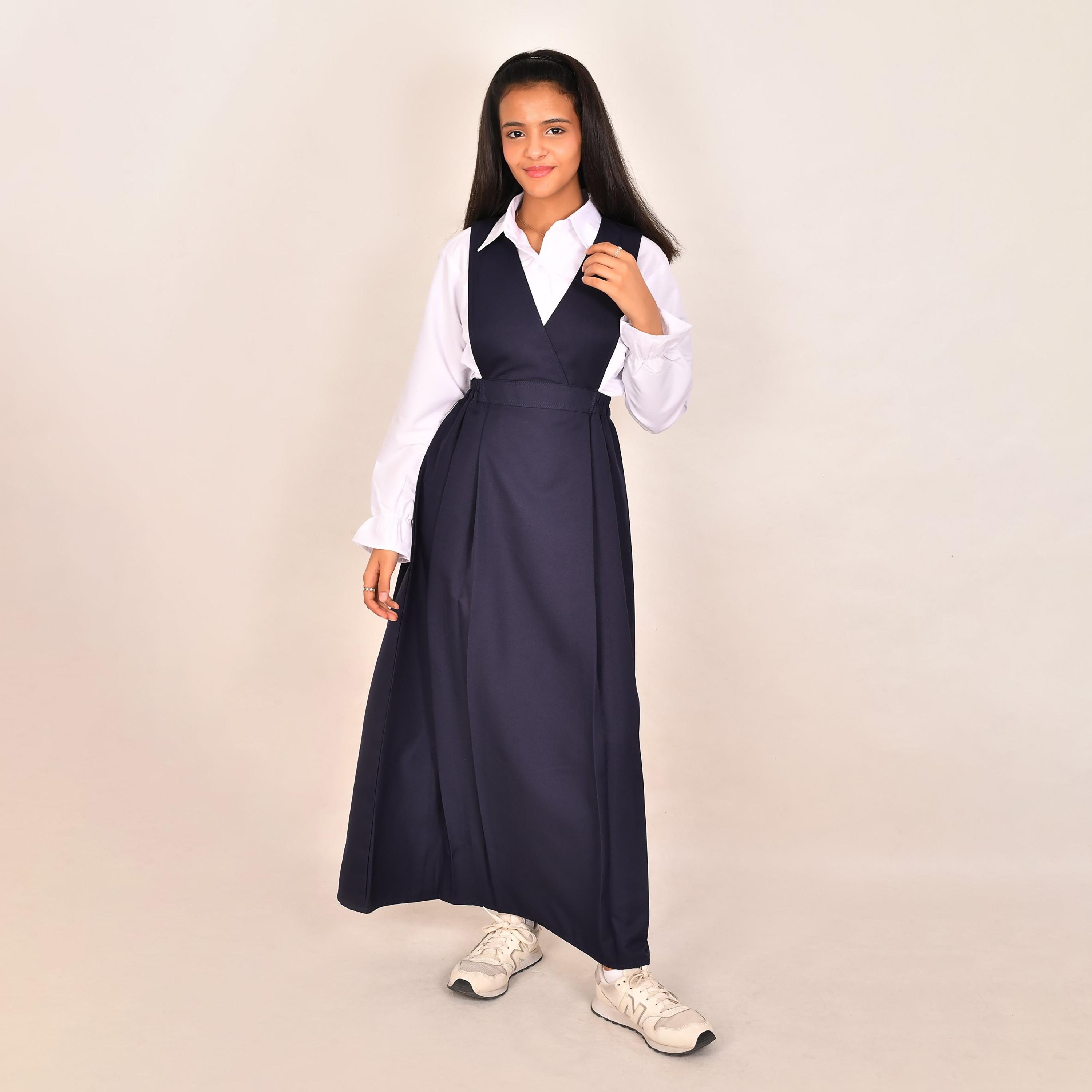 Hawraa Blue Linen V-Neck Sleeveless Girls Pinafore Dress-girls-clothing-dressesandjumpsuits-image-1