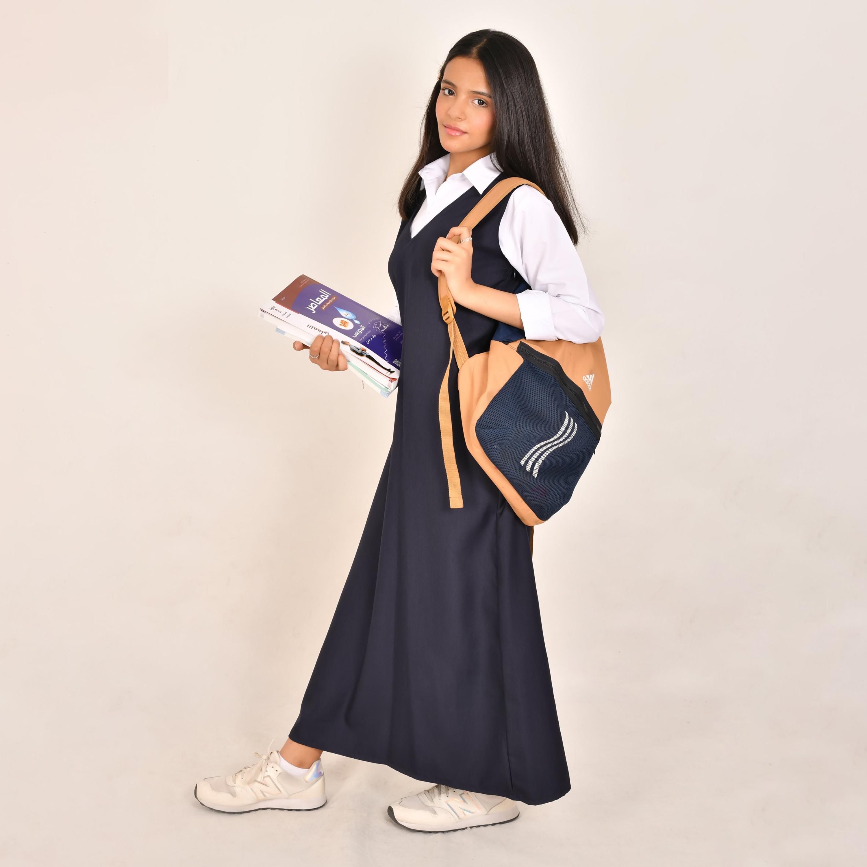 Hawraa Blue Linen V-Neck Sleeveless Girls Pinafore Dress-girls-clothing-dressesandjumpsuits-image-1