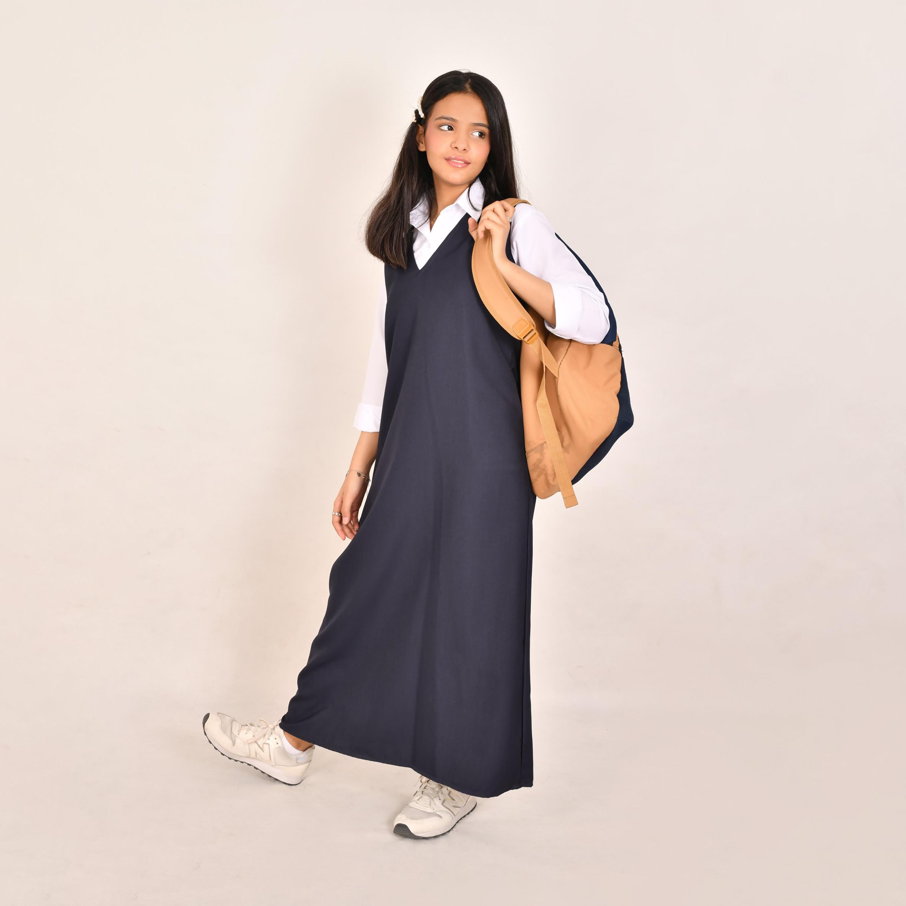 Hawraa Blue Linen V-Neck Sleeveless Girls Pinafore Dress-girls-clothing-dressesandjumpsuits-image-2