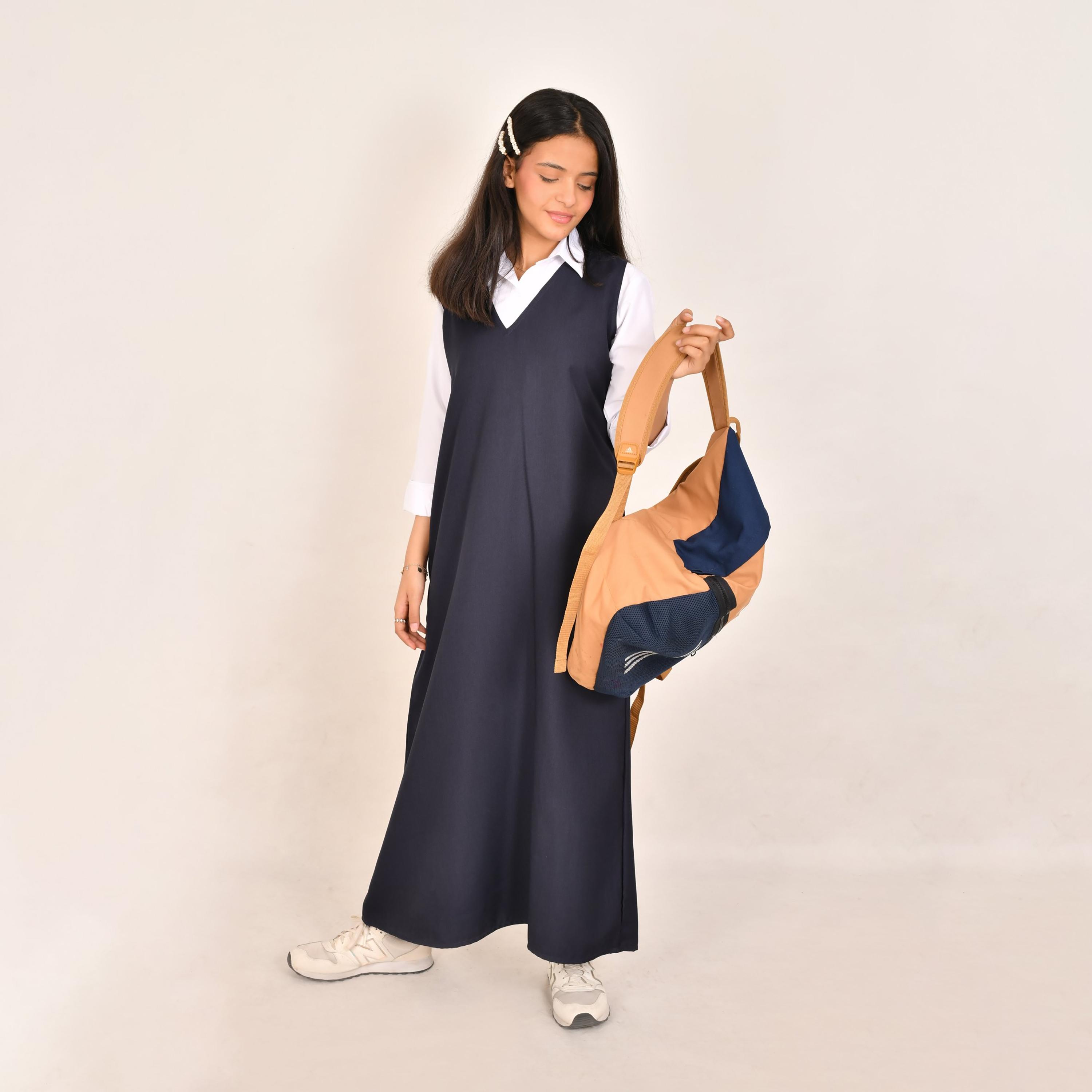 Hawraa Blue Linen V-Neck Sleeveless Girls Pinafore Dress-girls-clothing-dressesandjumpsuits-image-4
