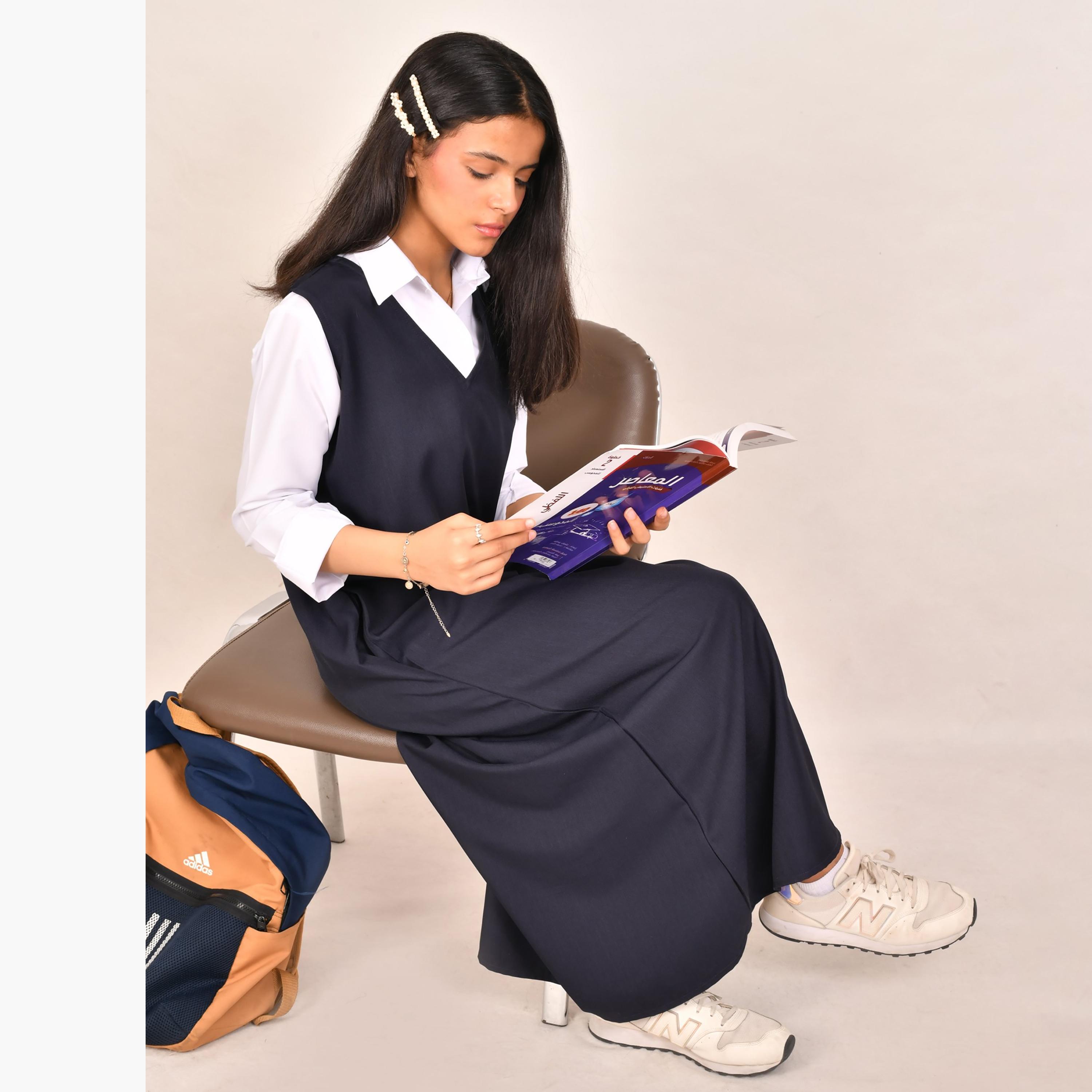 Hawraa Blue Linen V-Neck Sleeveless Girls Pinafore Dress-girls-clothing-dressesandjumpsuits-image-5