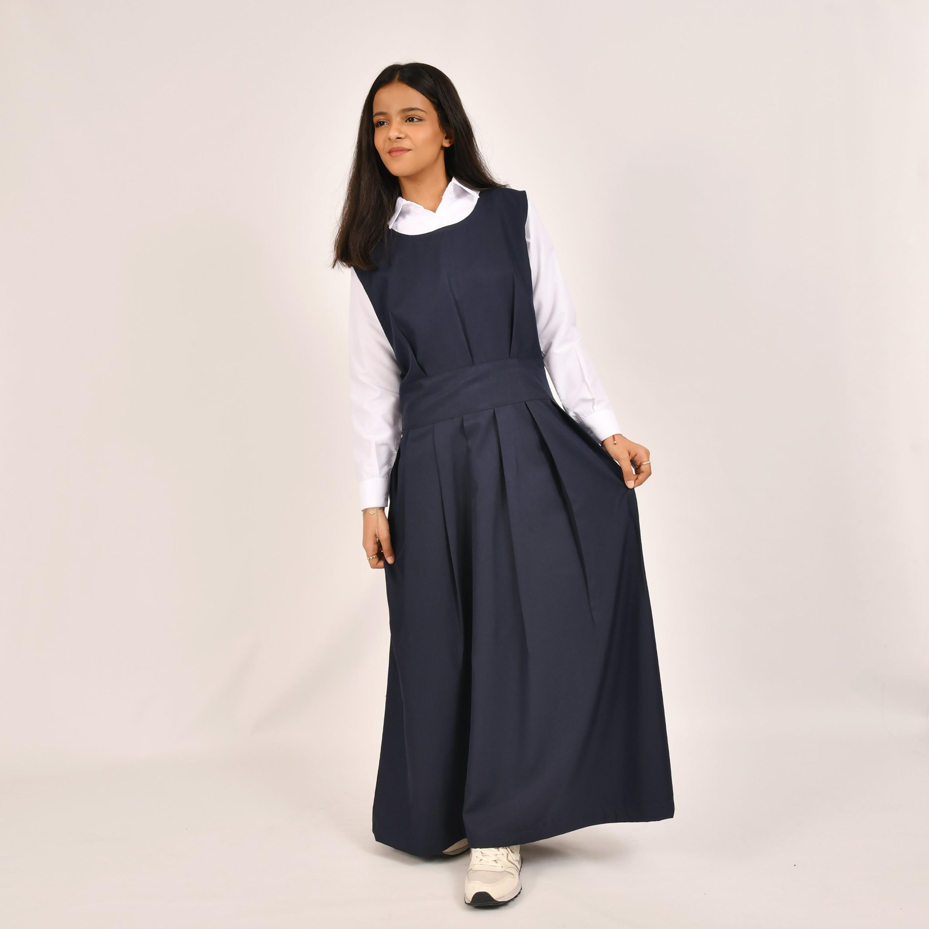 Hawraa Blue Linen Round Neck Sleeveless Girls Pinafore Dress-girls-clothing-dressesandjumpsuits-image-1