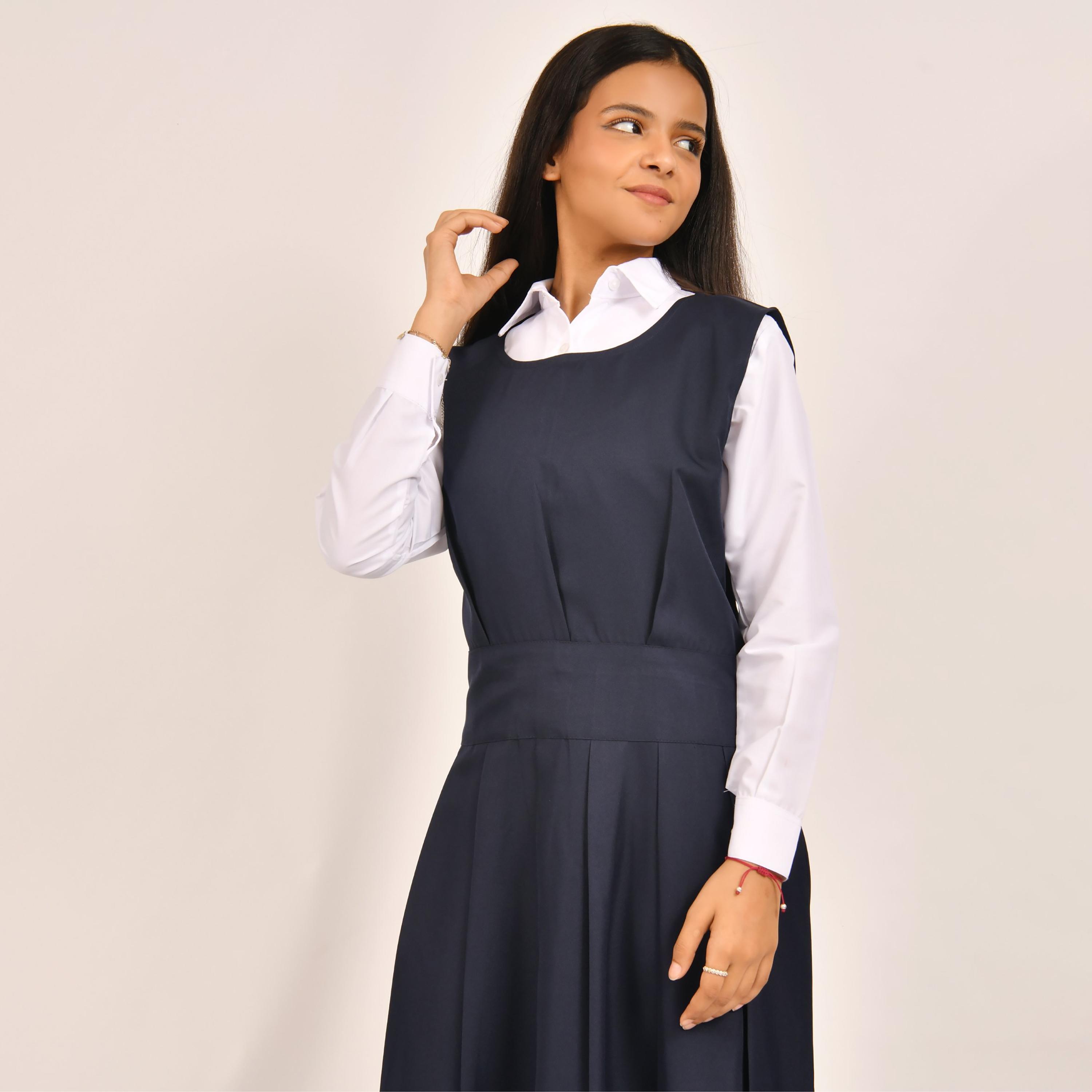 Hawraa Blue Linen Round Neck Sleeveless Girls Pinafore Dress-girls-clothing-dressesandjumpsuits-image-2