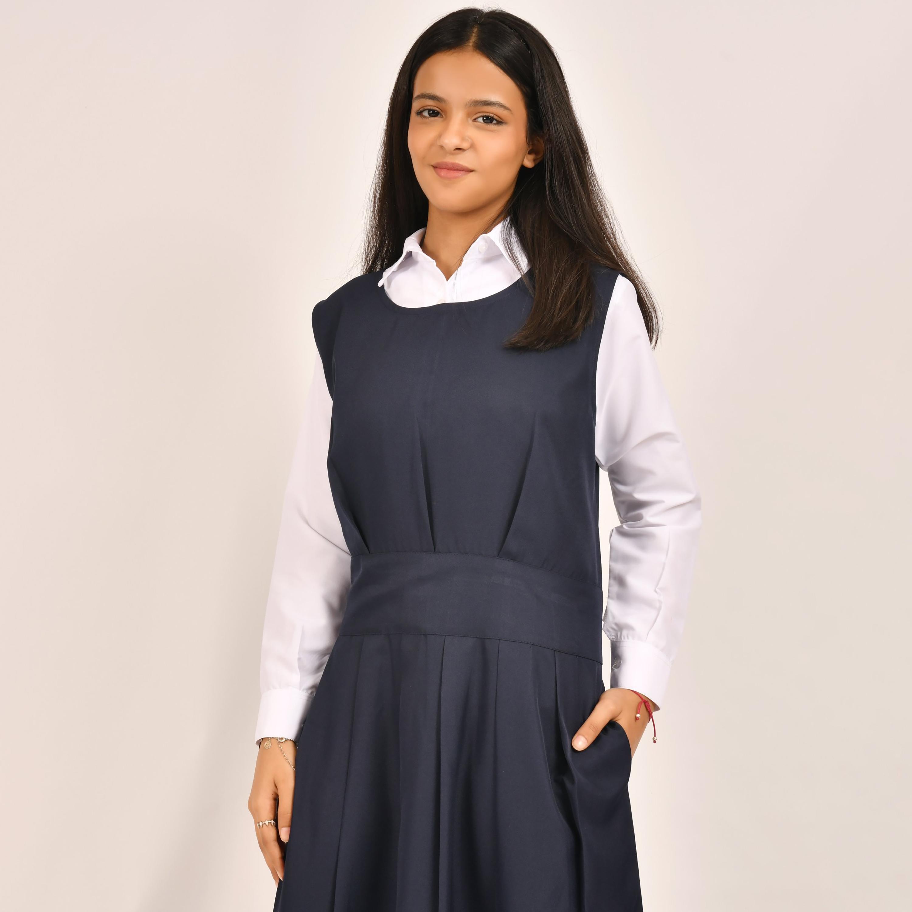 Hawraa Blue Linen Round Neck Sleeveless Girls Pinafore Dress-girls-clothing-dressesandjumpsuits-image-3