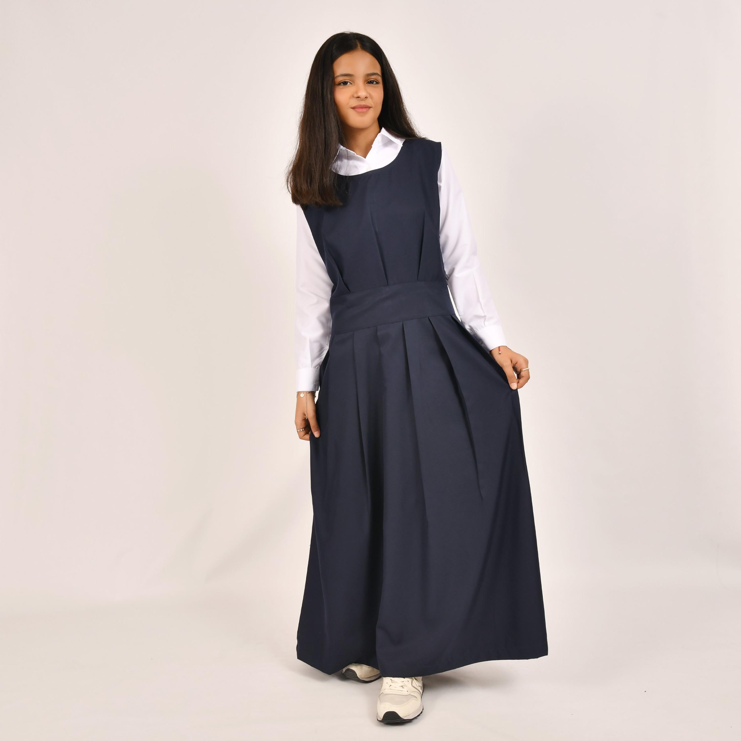Hawraa Blue Linen Round Neck Sleeveless Girls Pinafore Dress-girls-clothing-dressesandjumpsuits-image-4