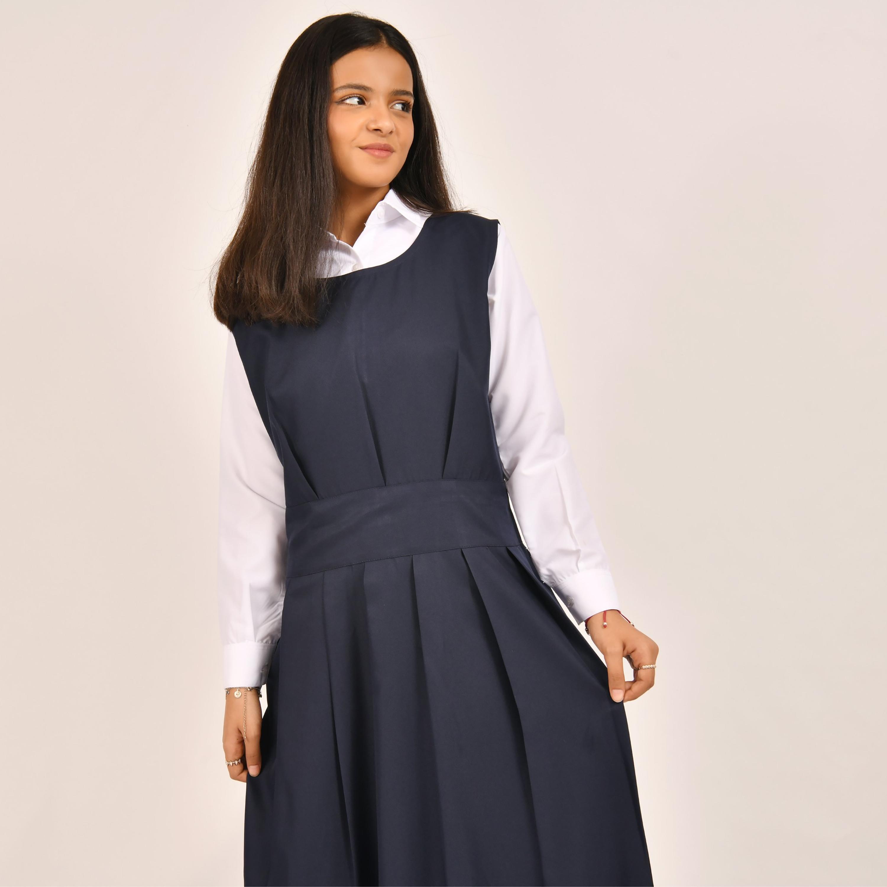 Hawraa Blue Linen Round Neck Sleeveless Girls Pinafore Dress-girls-clothing-dressesandjumpsuits-image-6