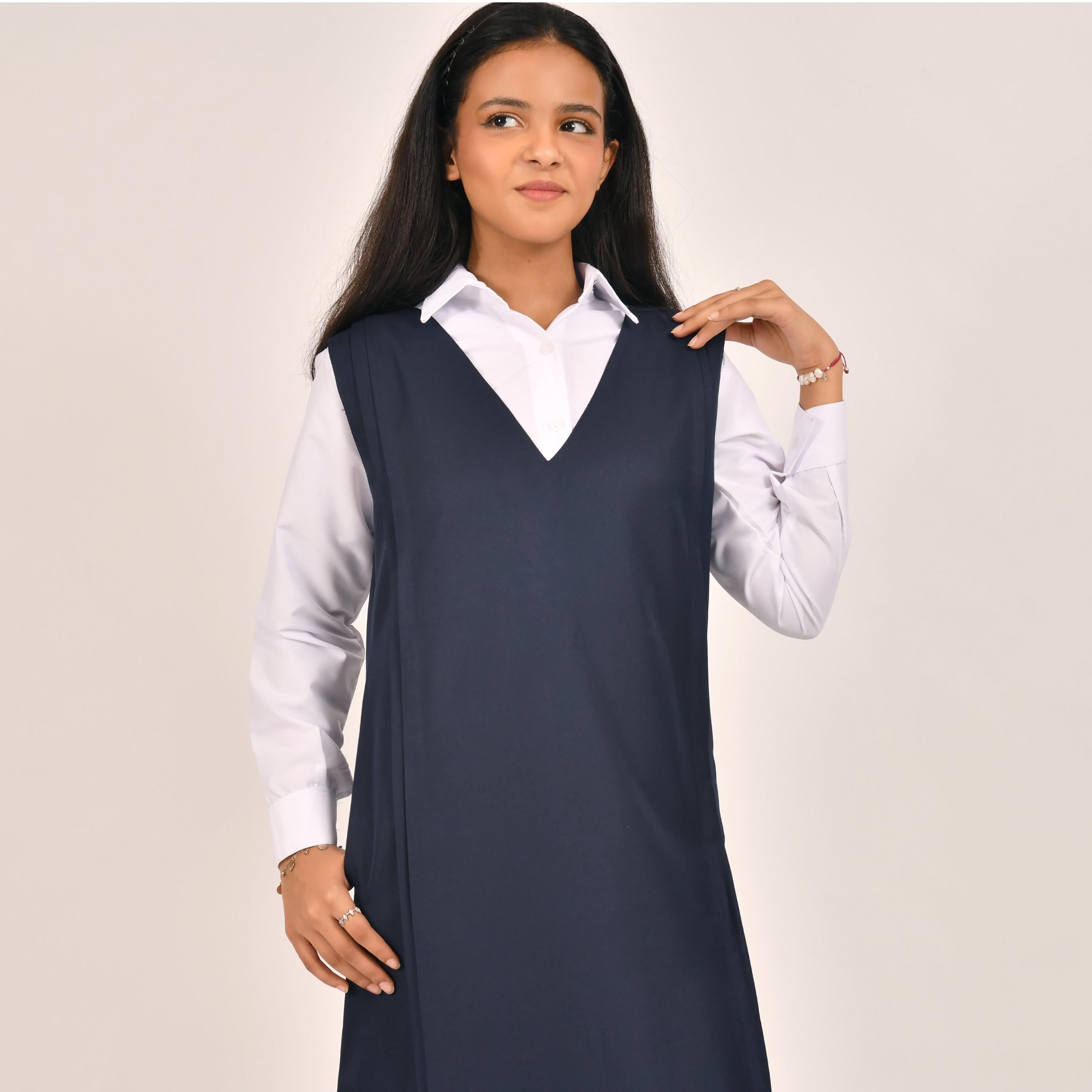 Hawraa Blue Linen V-Neck Sleeveless Girls Pinafore Dress-girls-clothing-dressesandjumpsuits-image-1
