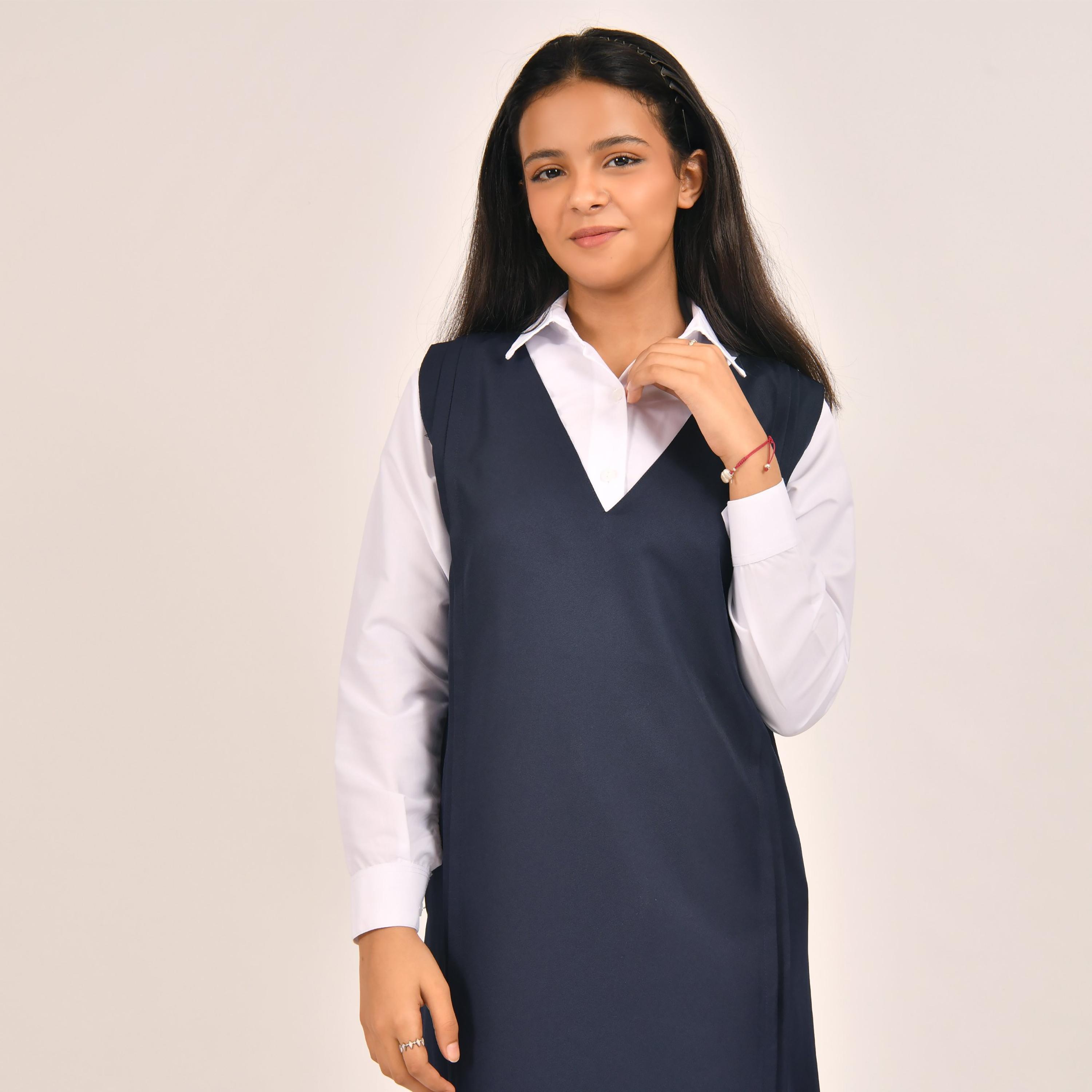 Hawraa Blue Linen V-Neck Sleeveless Girls Pinafore Dress-girls-clothing-dressesandjumpsuits-image-2