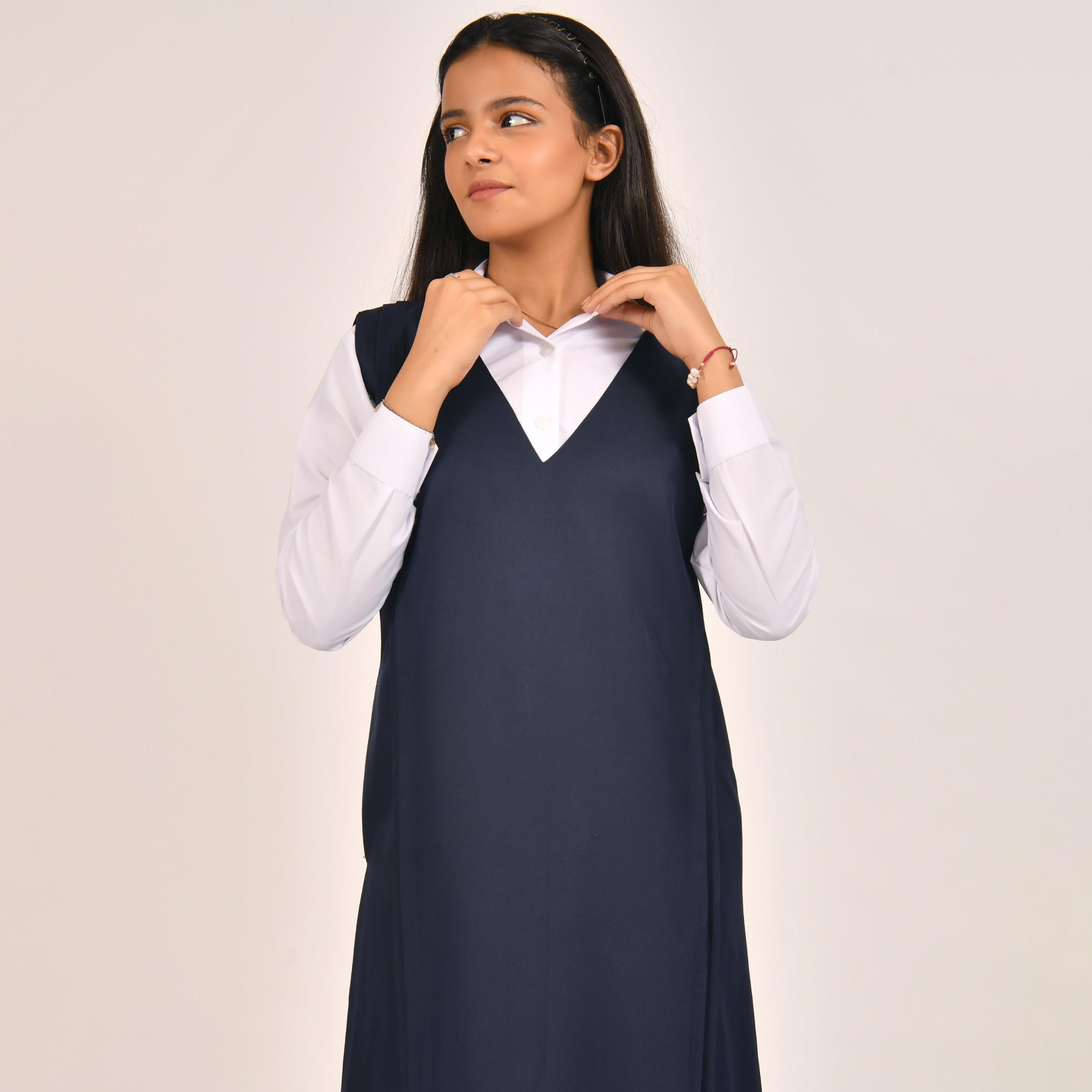 Hawraa Blue Linen V-Neck Sleeveless Girls Pinafore Dress-girls-clothing-dressesandjumpsuits-image-3