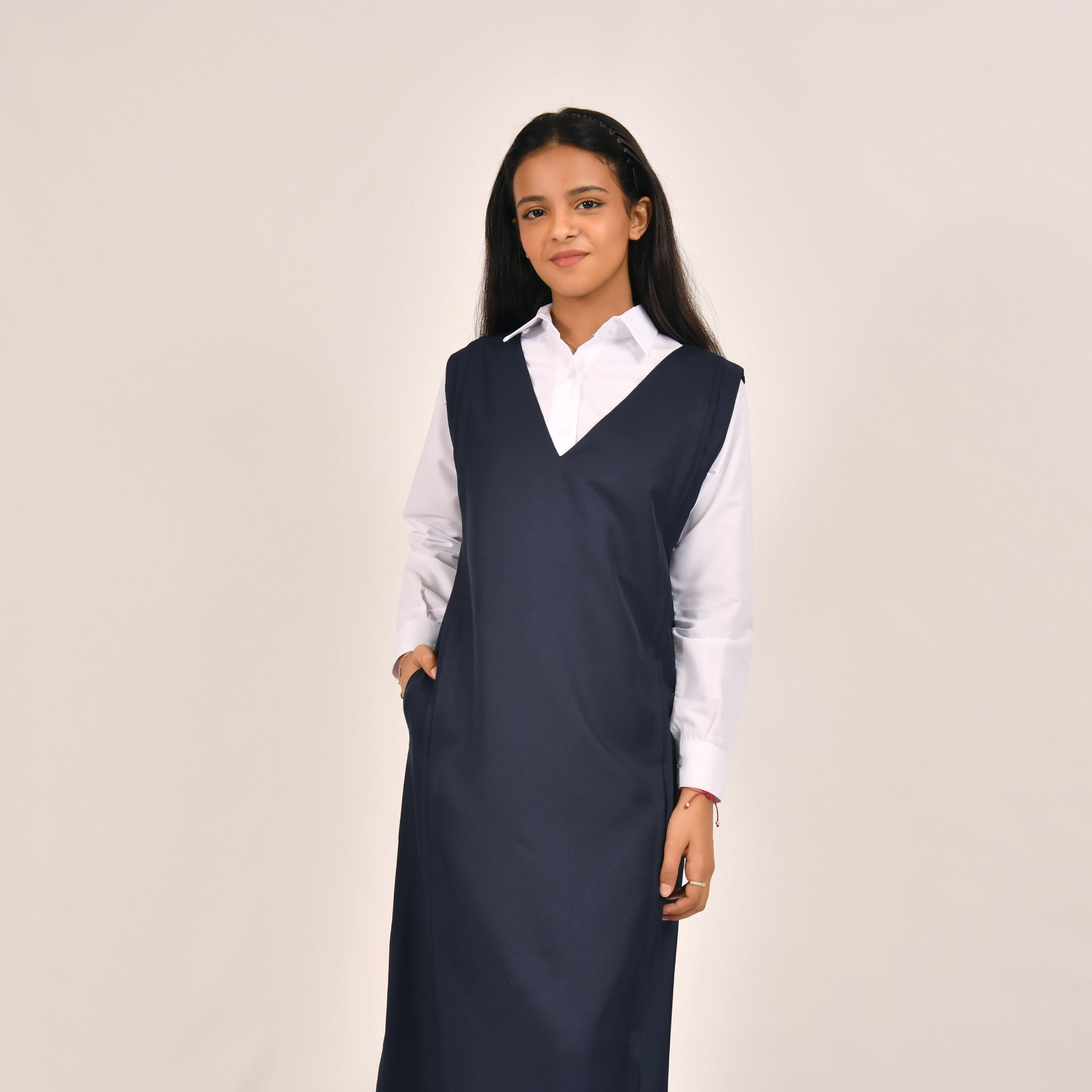 Hawraa Blue Linen V-Neck Sleeveless Girls Pinafore Dress-girls-clothing-dressesandjumpsuits-image-4