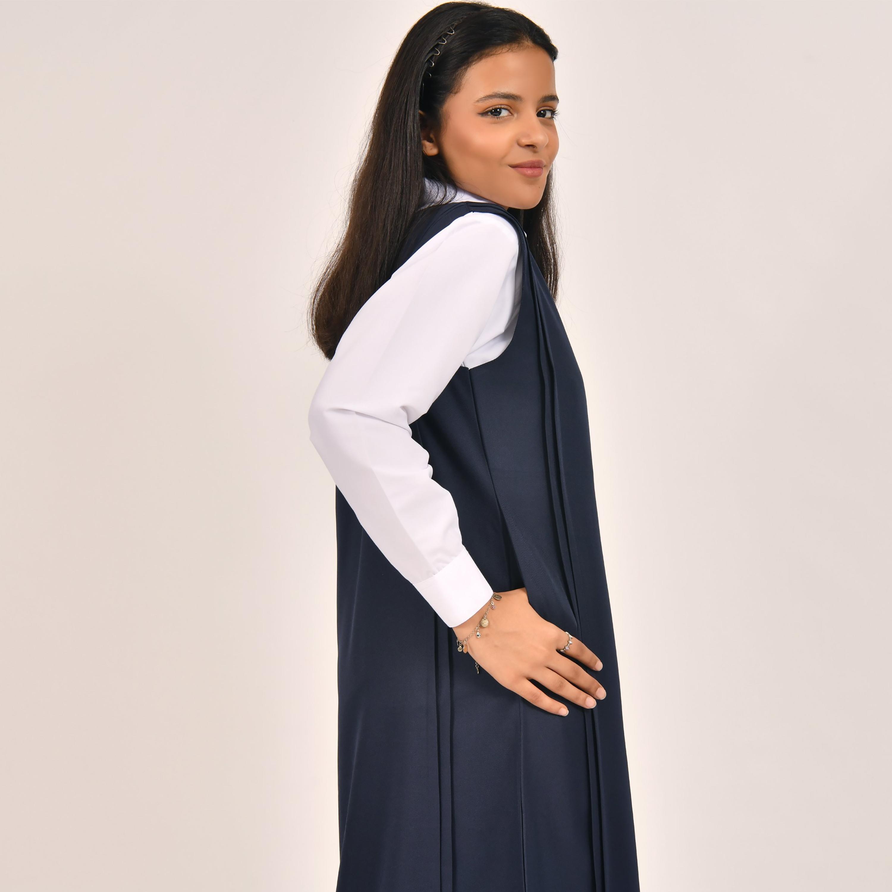 Hawraa Blue Linen V-Neck Sleeveless Girls Pinafore Dress-girls-clothing-dressesandjumpsuits-image-5