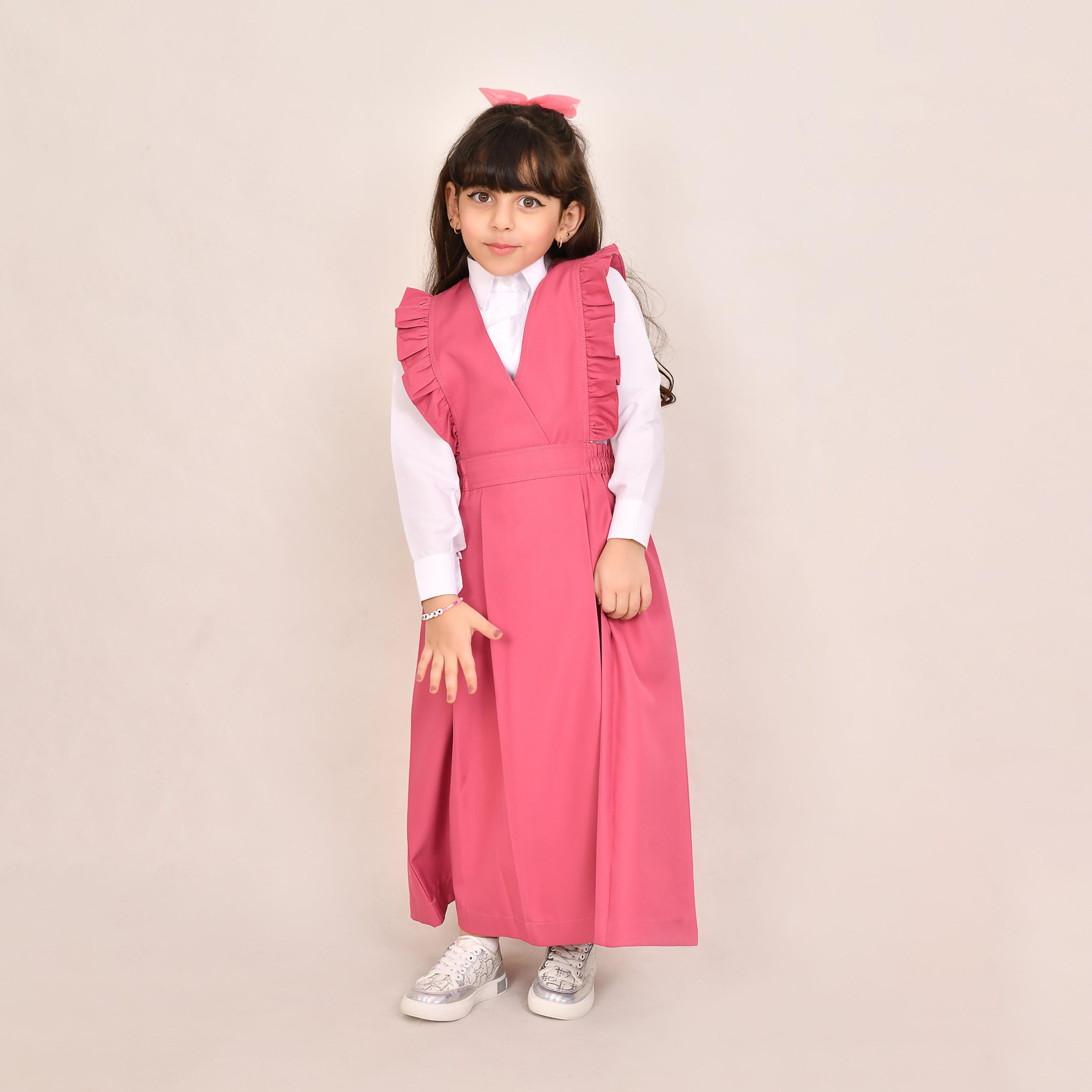 Hawraa Pink Linen V-Neck Sleeveless Girls Pinafore Dress-girls-clothing-dressesandjumpsuits-image-1