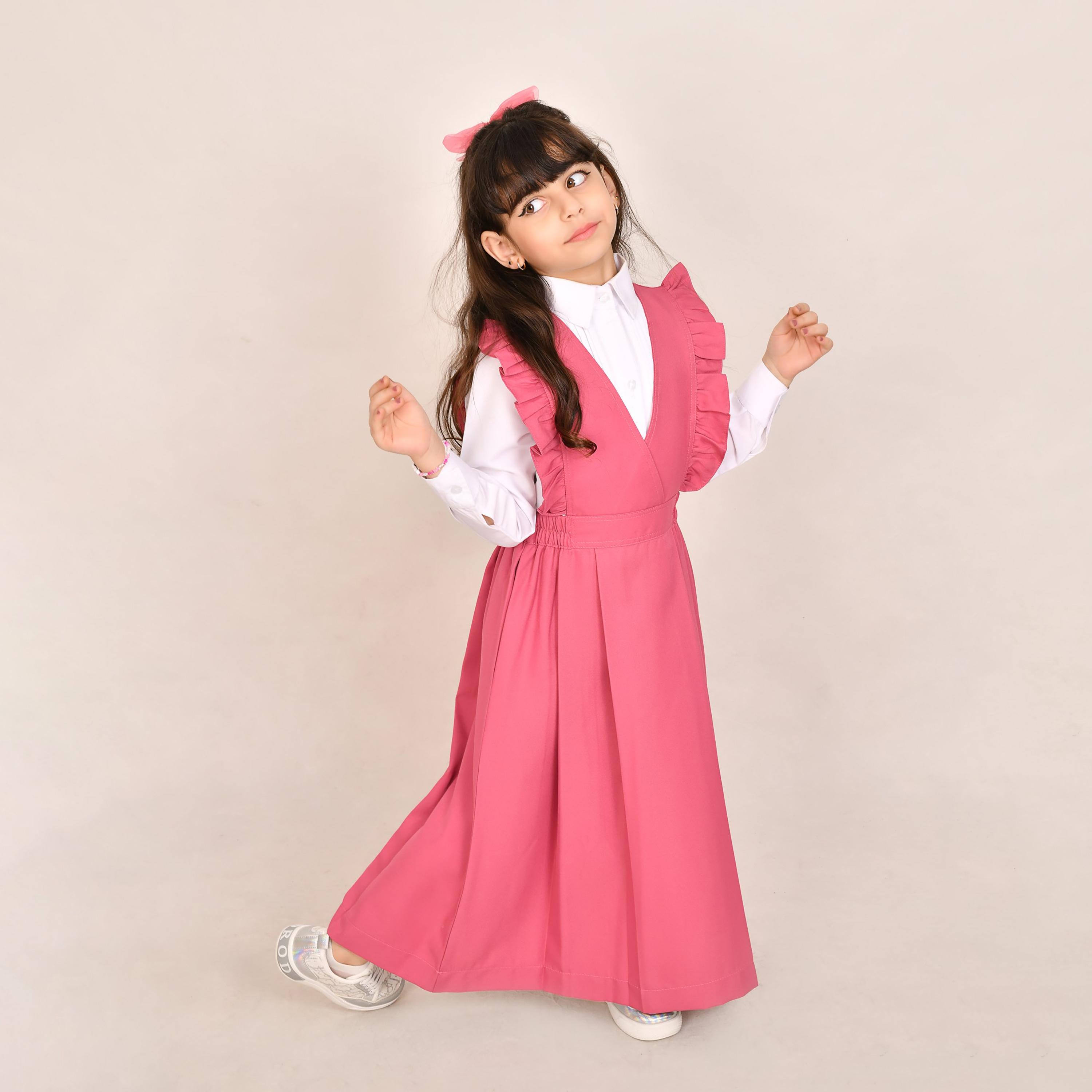 Hawraa Pink Linen V-Neck Sleeveless Girls Pinafore Dress-girls-clothing-dressesandjumpsuits-image-3