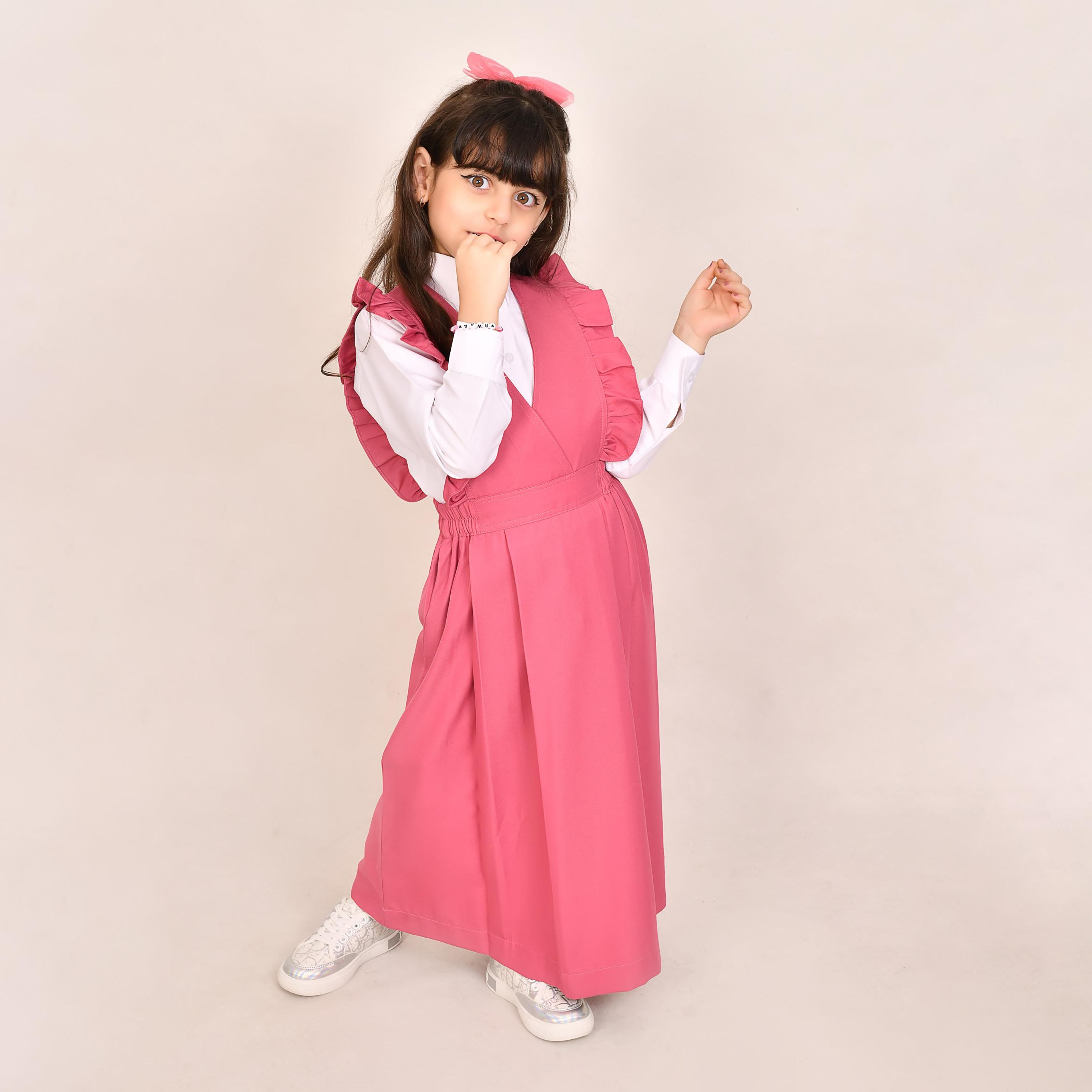 Hawraa Pink Linen V-Neck Sleeveless Girls Pinafore Dress-girls-clothing-dressesandjumpsuits-image-4