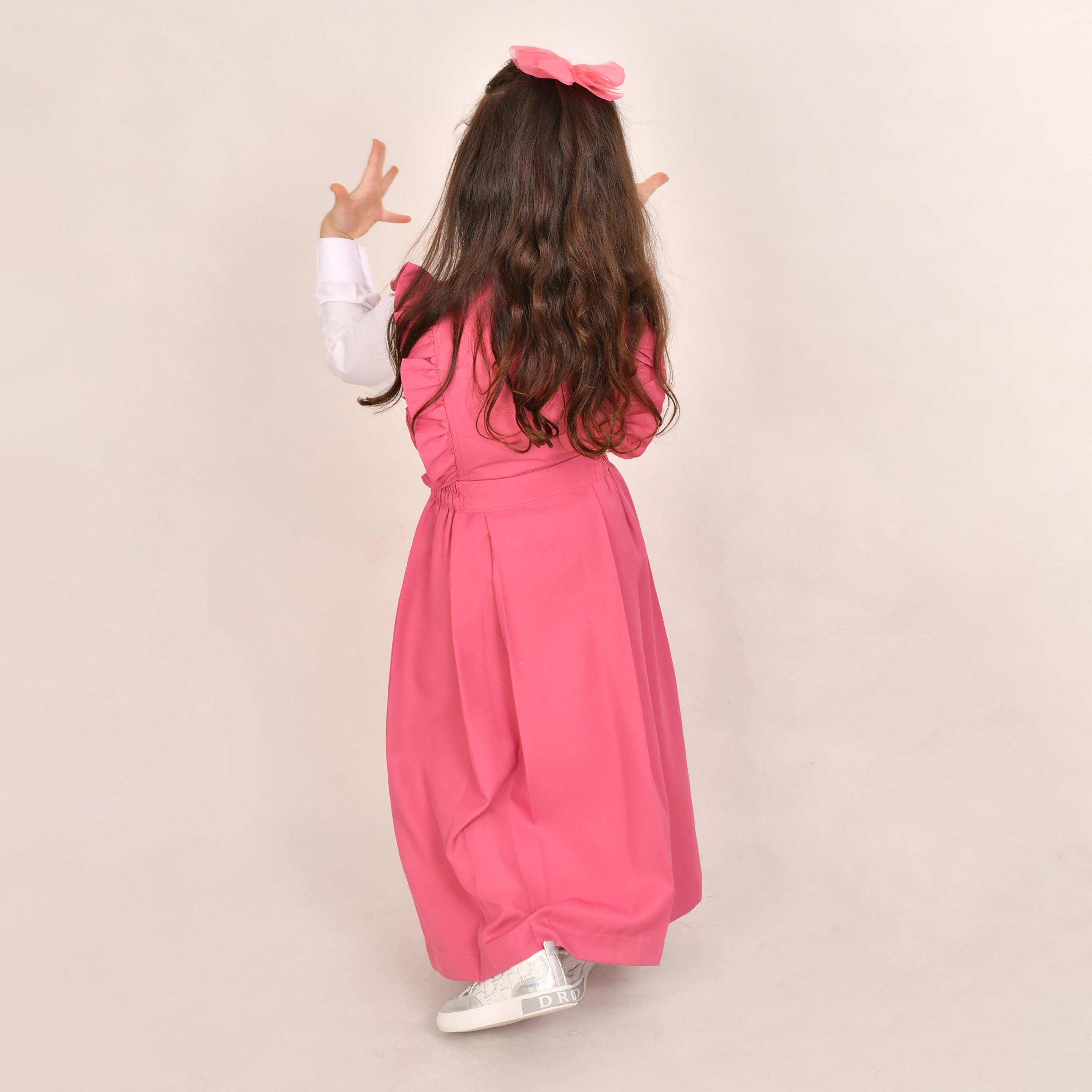 Hawraa Pink Linen V-Neck Sleeveless Girls Pinafore Dress-girls-clothing-dressesandjumpsuits-image-5