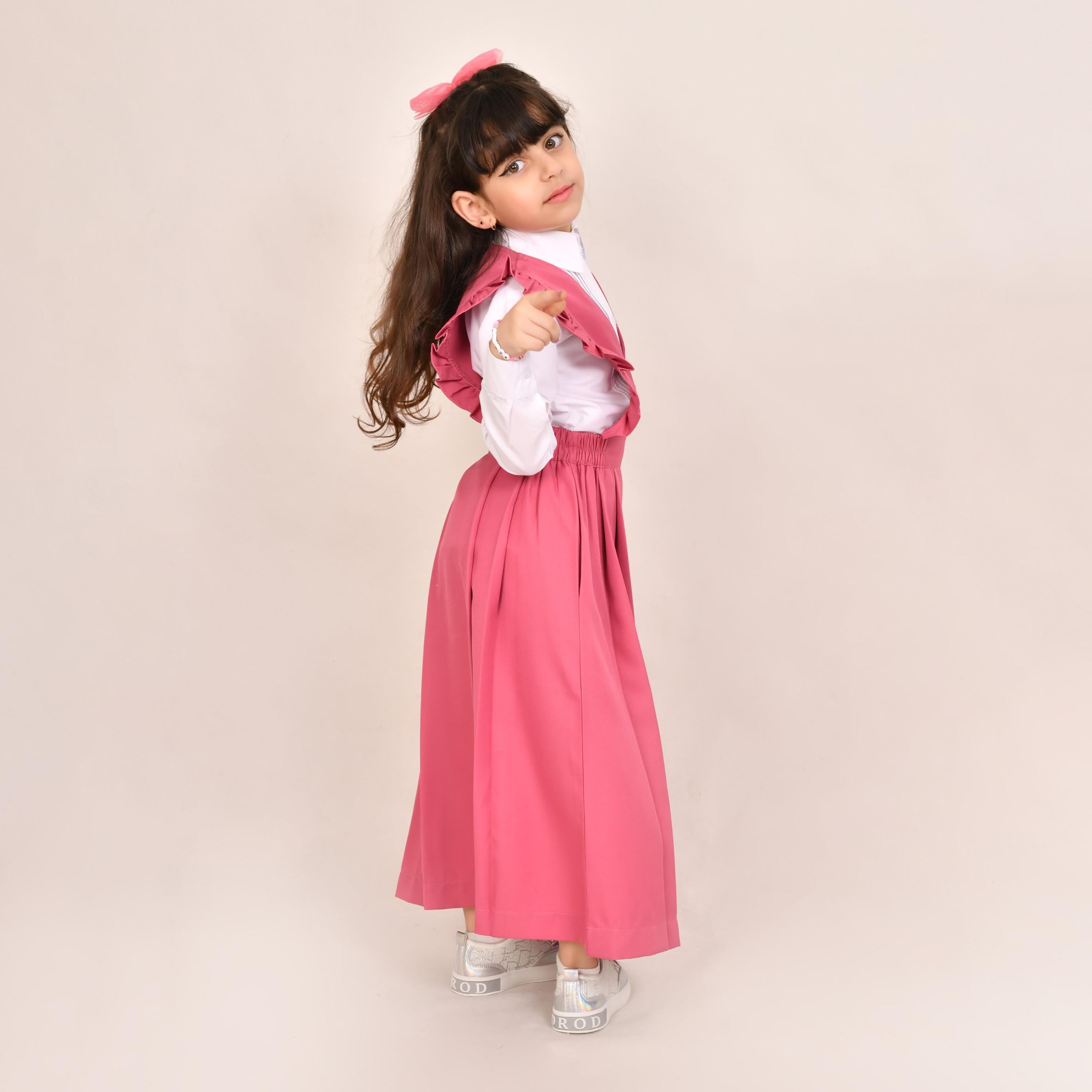 Hawraa Pink Linen V-Neck Sleeveless Girls Pinafore Dress-girls-clothing-dressesandjumpsuits-image-6