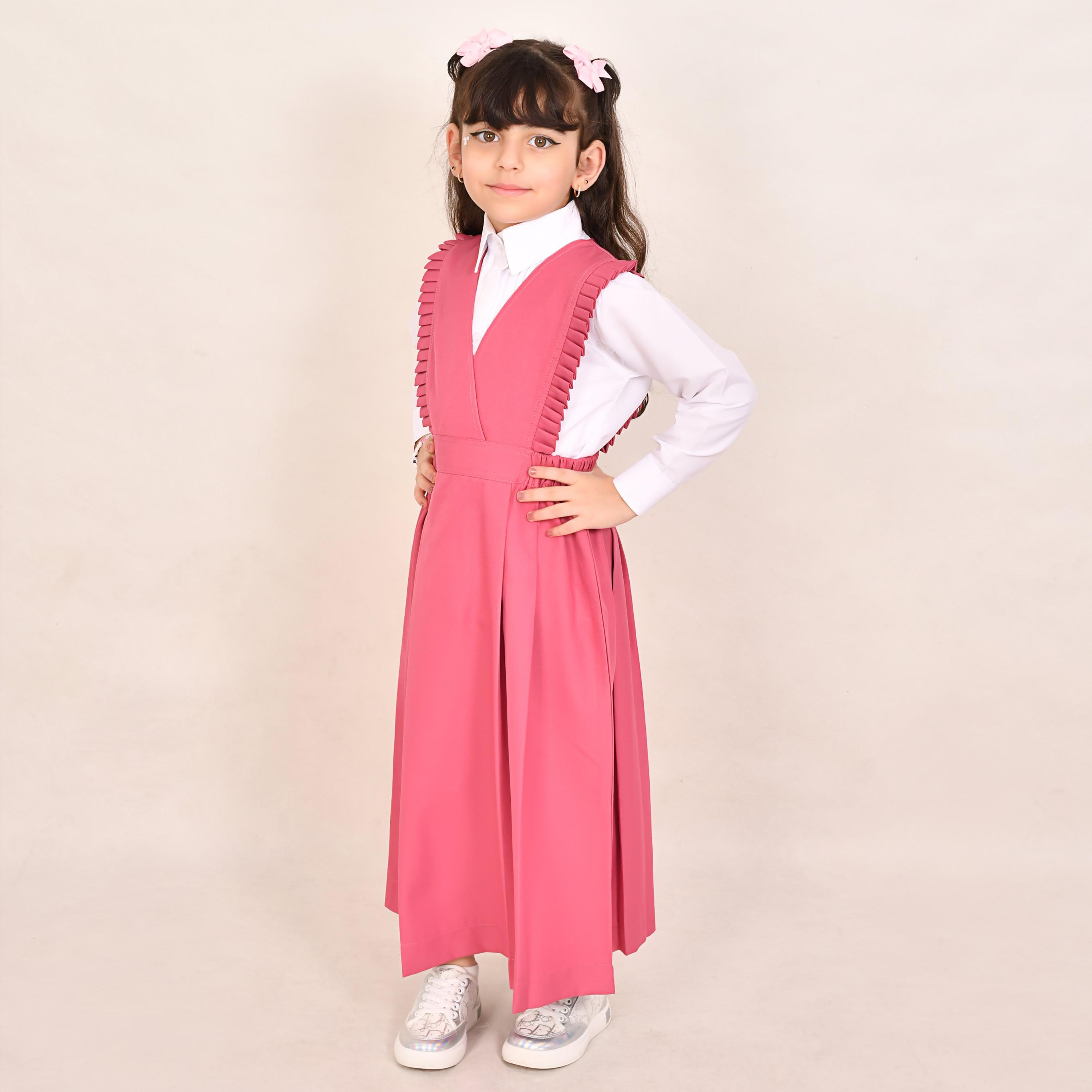 Hawraa Pink Linen V-Neck Sleeveless Girls Pinafore Dress-girls-clothing-dressesandjumpsuits-image-1