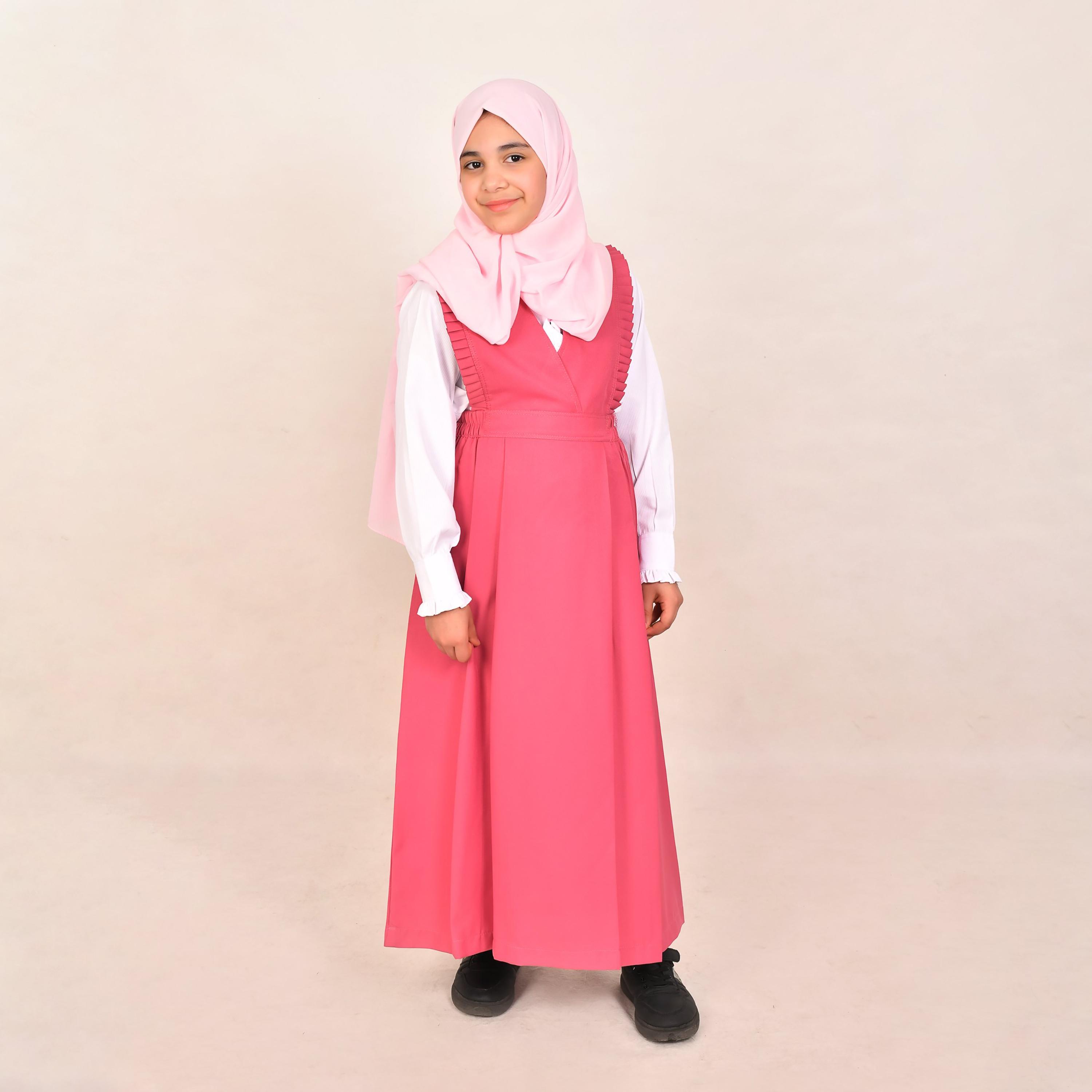 Hawraa Pink Linen V-Neck Sleeveless Girls Pinafore Dress-girls-clothing-dressesandjumpsuits-image-4