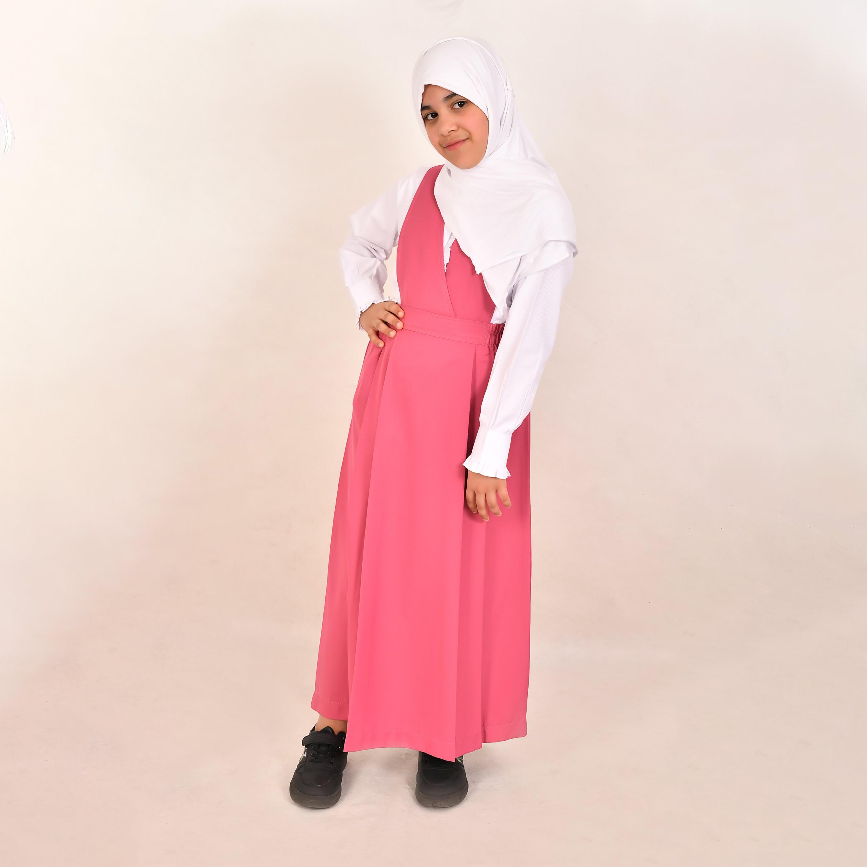 Hawraa Pink Linen V-Neck Sleeveless Girls Pinafore Dress-girls-clothing-dressesandjumpsuits-image-3