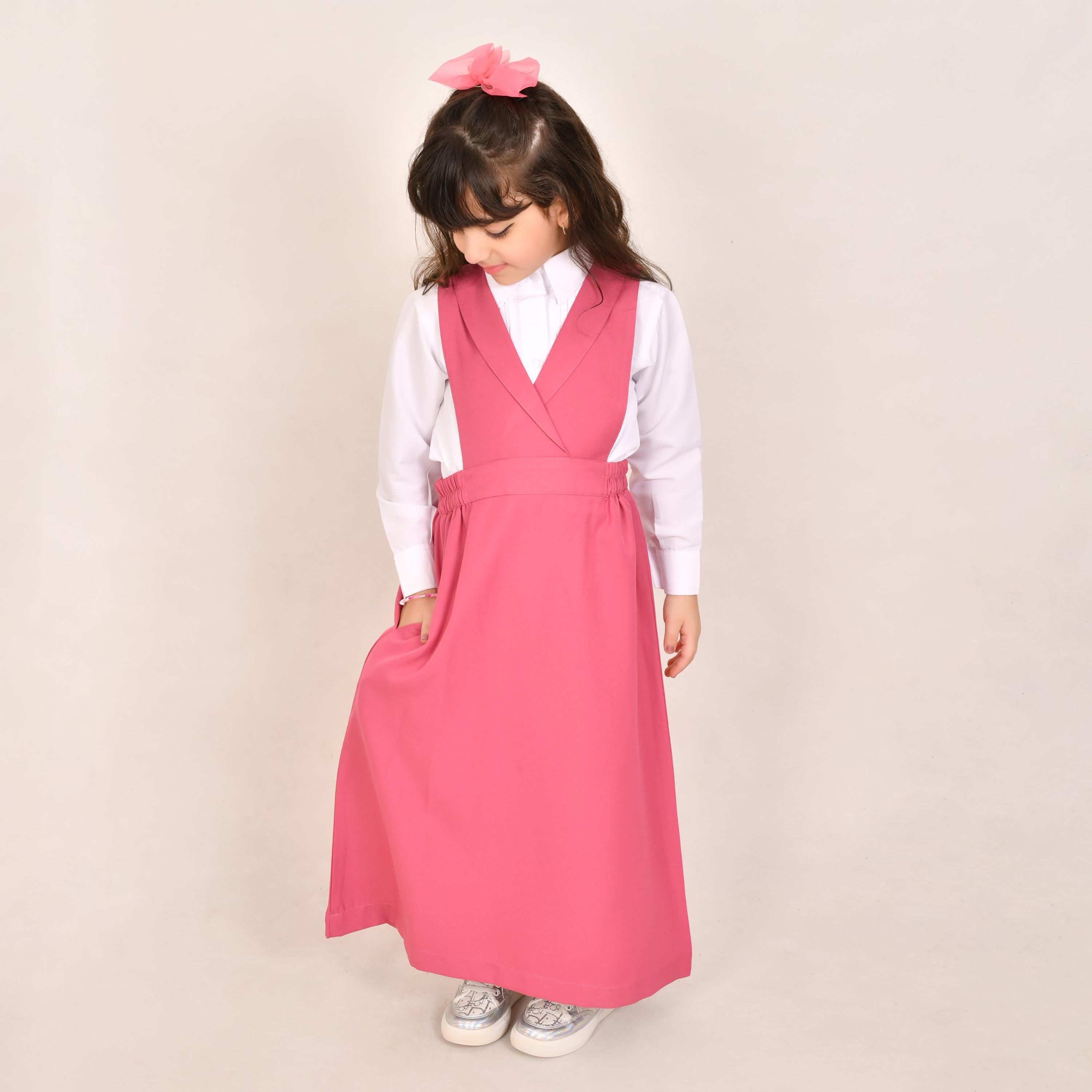Hawraa Pink Linen Shawl Collar Sleeveless Girls Pinafore Dress-girls-clothing-dressesandjumpsuits-image-1