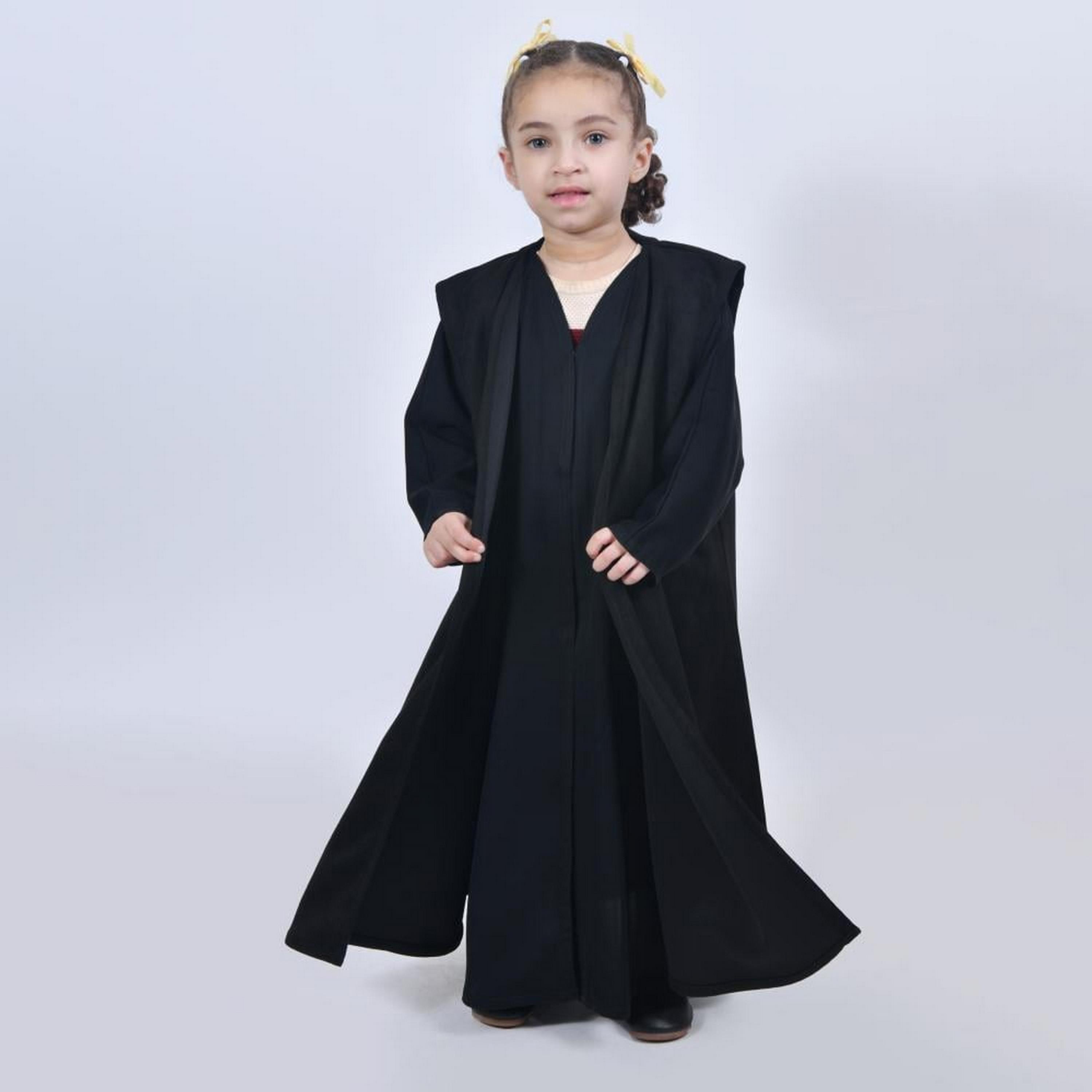Lamha Black Open-Front Neck Crepe Girls Chamois Abaya with Hijab-girls-arabicclothing-abayas-image-1