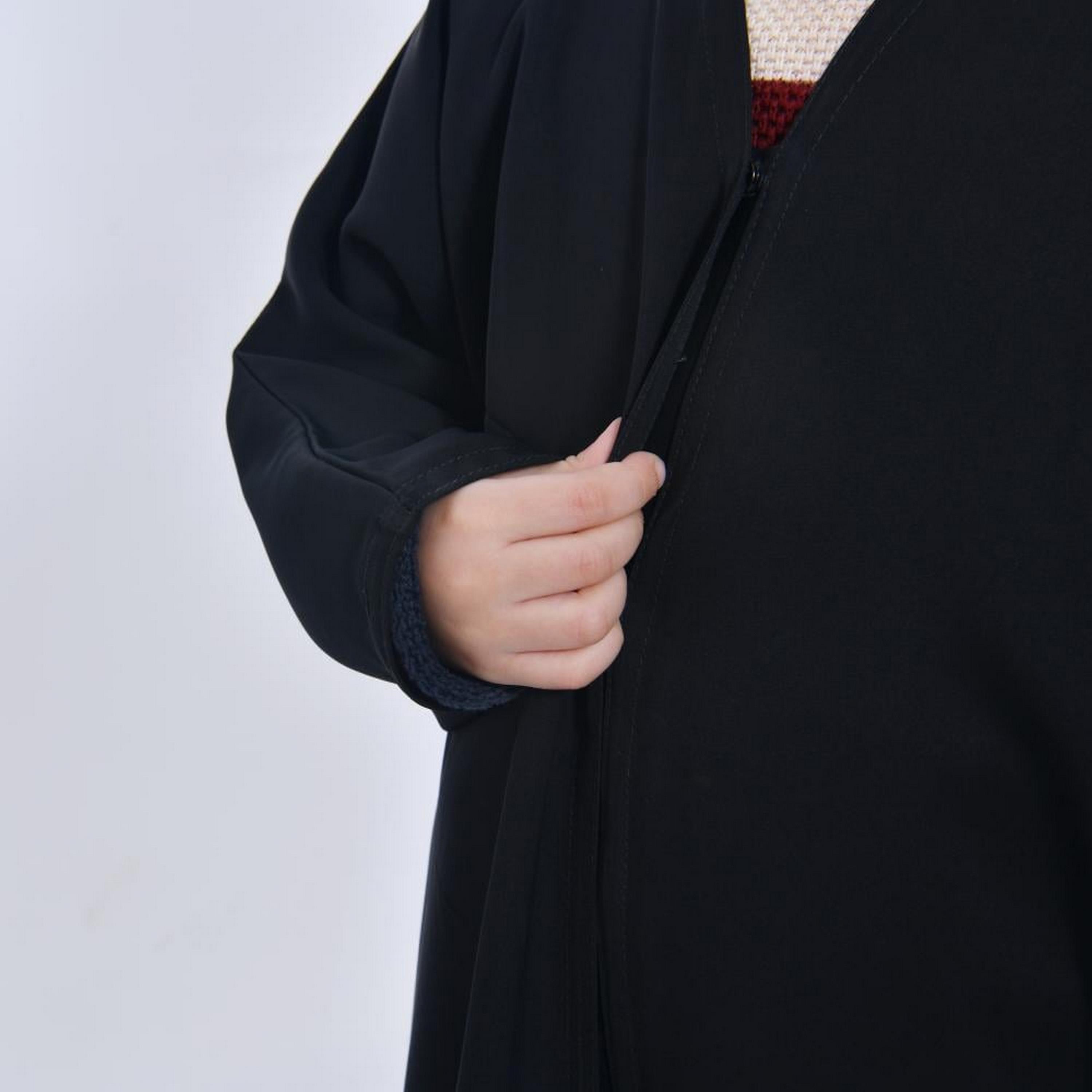 Lamha Black Open-Front Neck Crepe Girls Chamois Abaya with Hijab-girls-arabicclothing-abayas-image-3