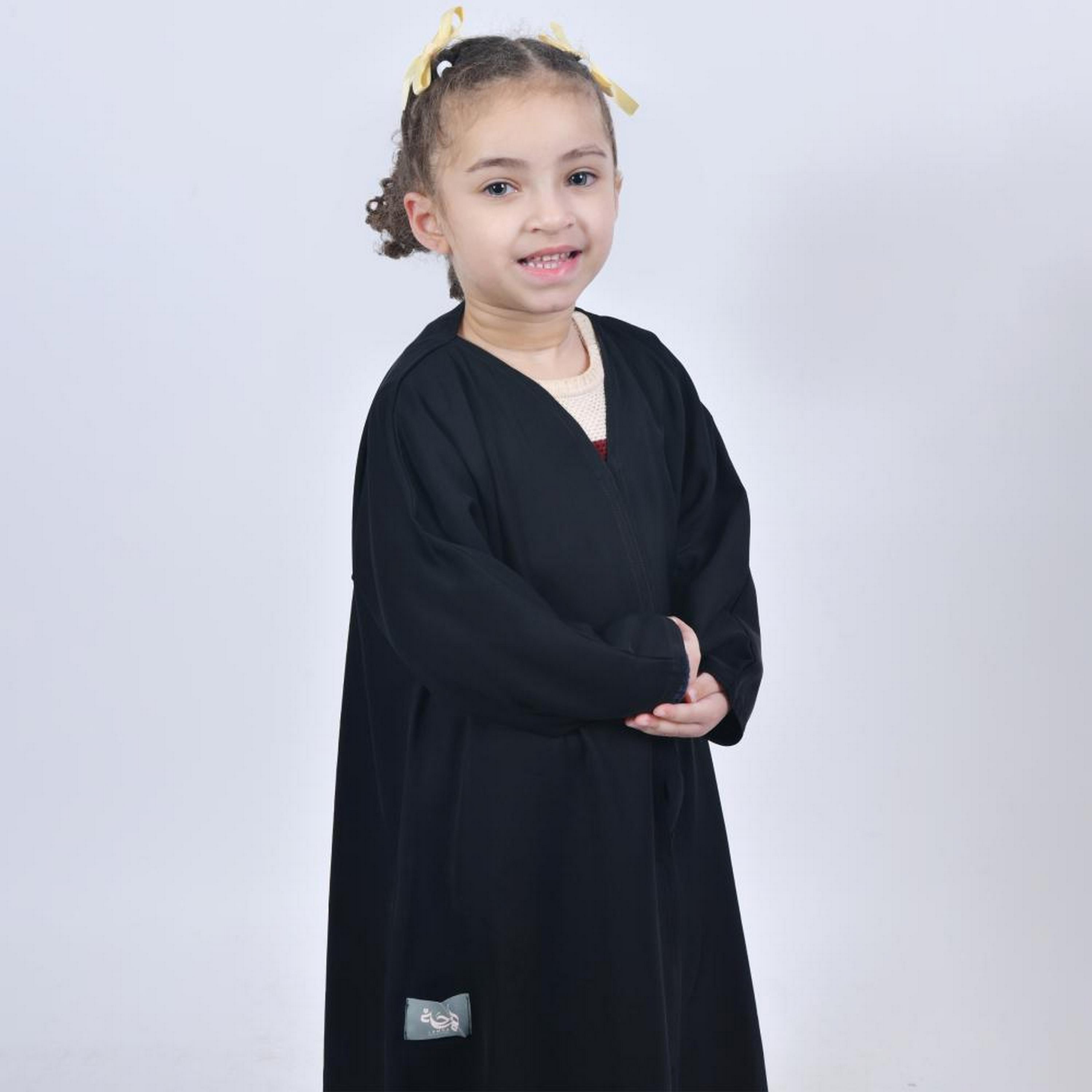 Lamha Black Open-Front Neck Crepe Girls Chamois Abaya with Hijab-girls-arabicclothing-abayas-image-5