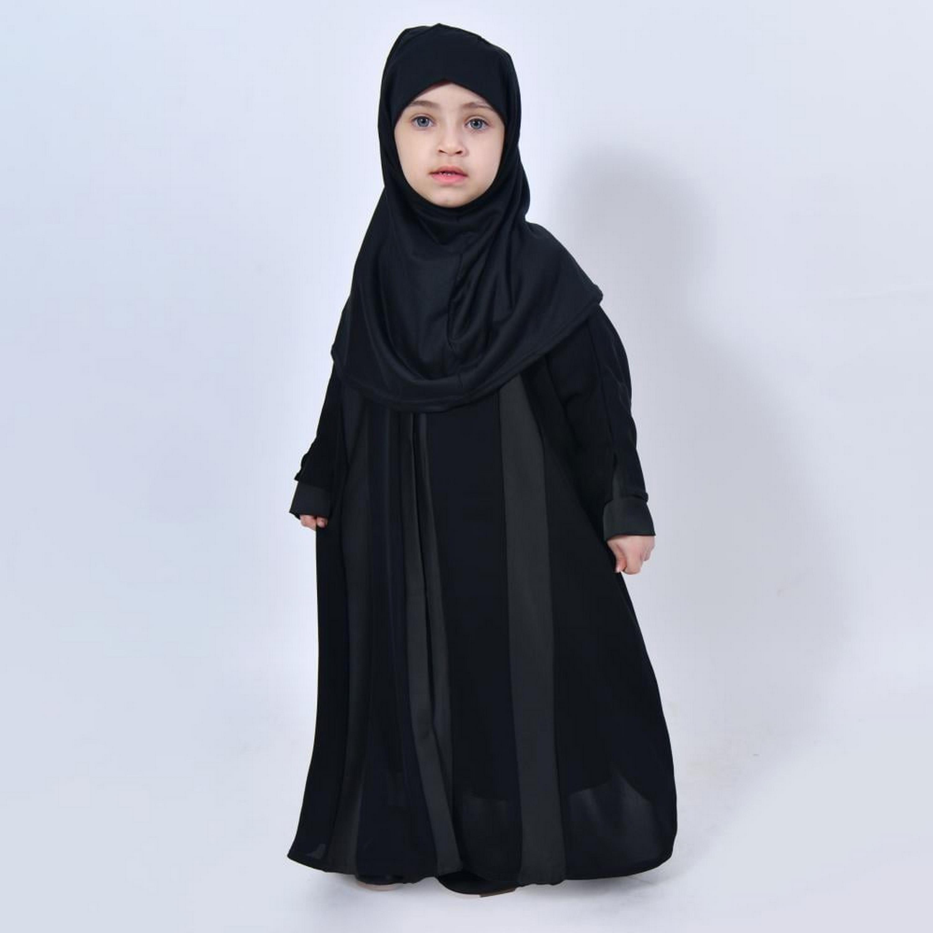 Lamha Black Colour Blocked Open-Front Neck Slit and Overlapping Sleeves Crepe Girls Abaya with Hijab-girls-arabicclothing-abayas-image-1