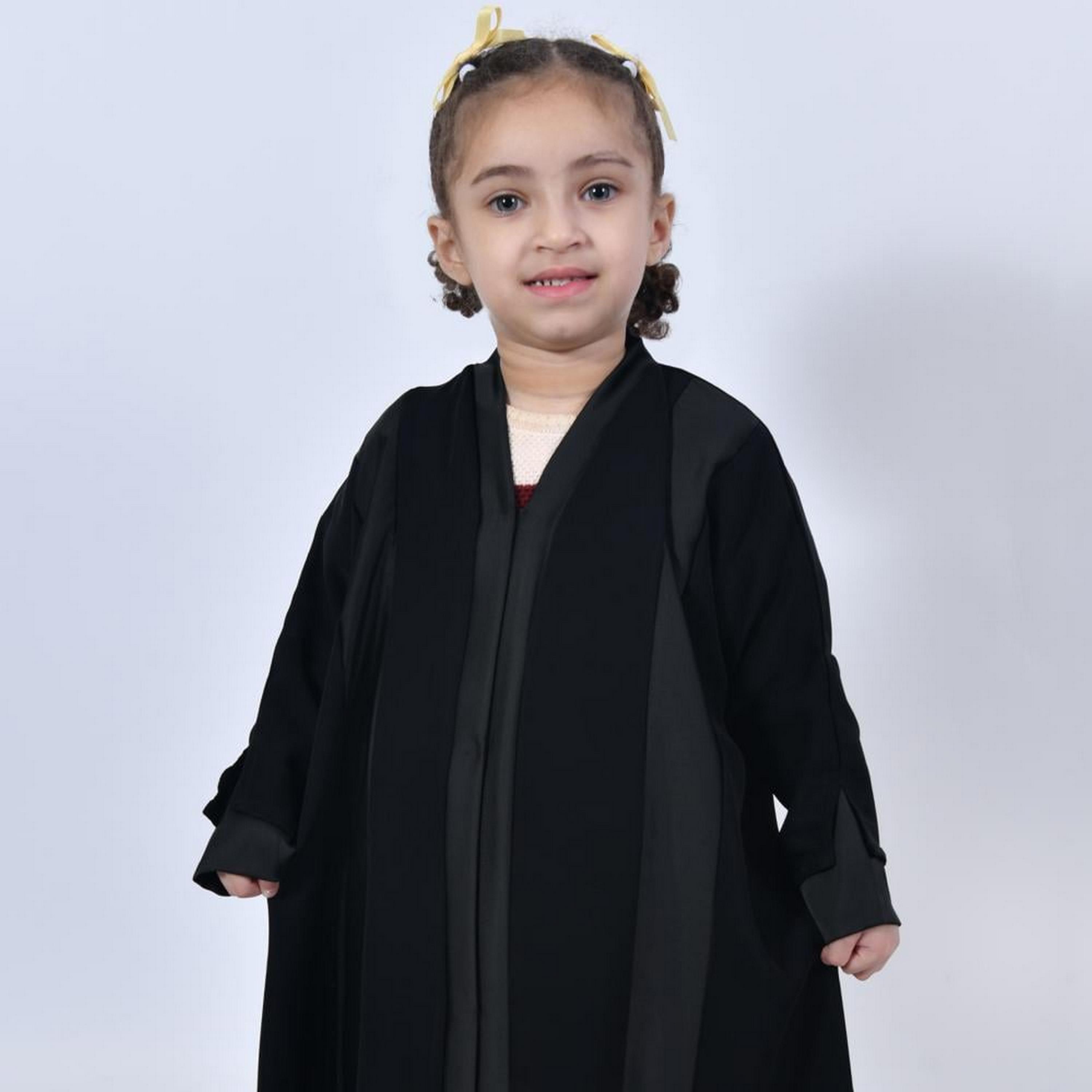 Lamha Black Colour Blocked Open-Front Neck Slit and Overlapping Sleeves Crepe Girls Abaya with Hijab-girls-arabicclothing-abayas-image-2