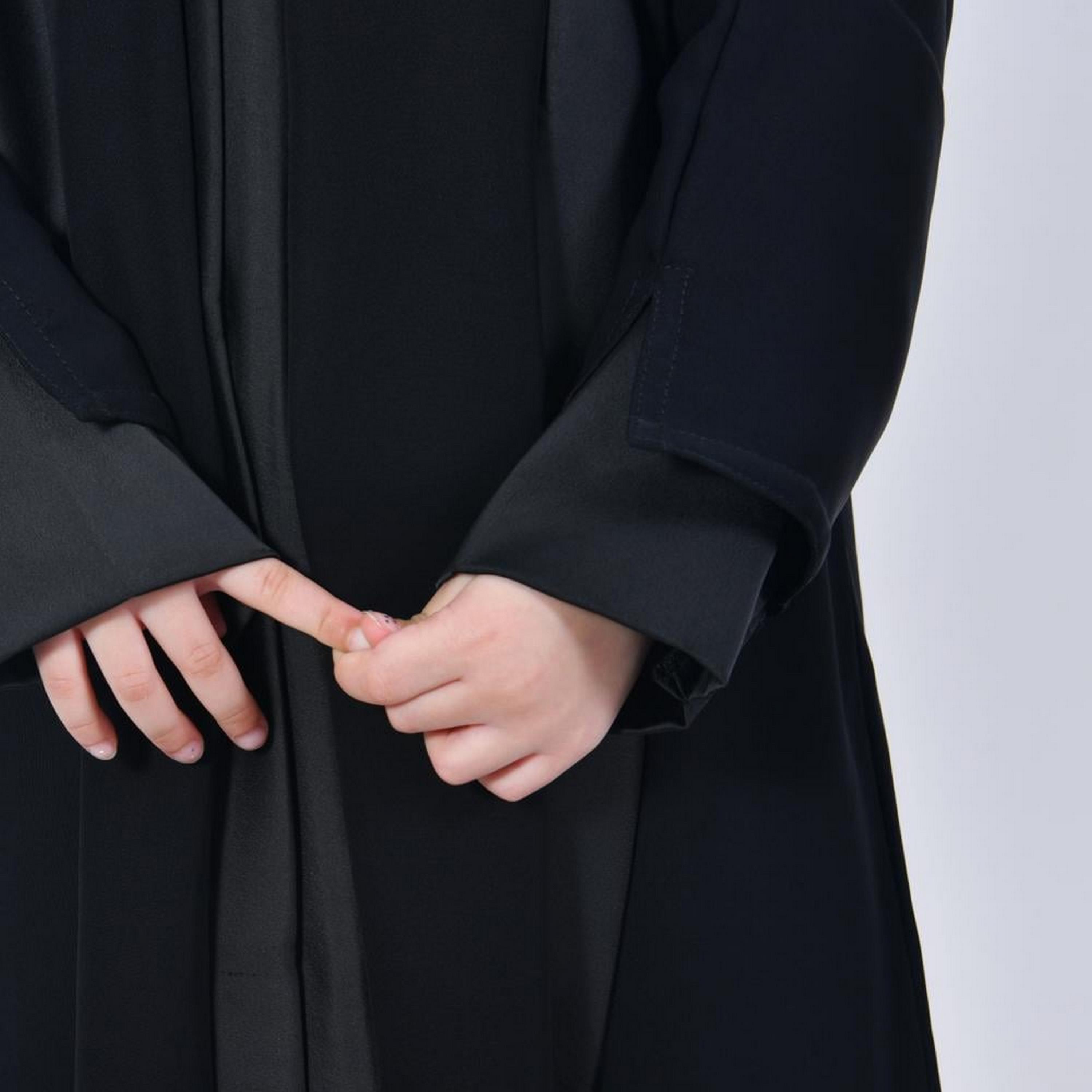 Lamha Black Colour Blocked Open-Front Neck Slit and Overlapping Sleeves Crepe Girls Abaya with Hijab-girls-arabicclothing-abayas-image-3