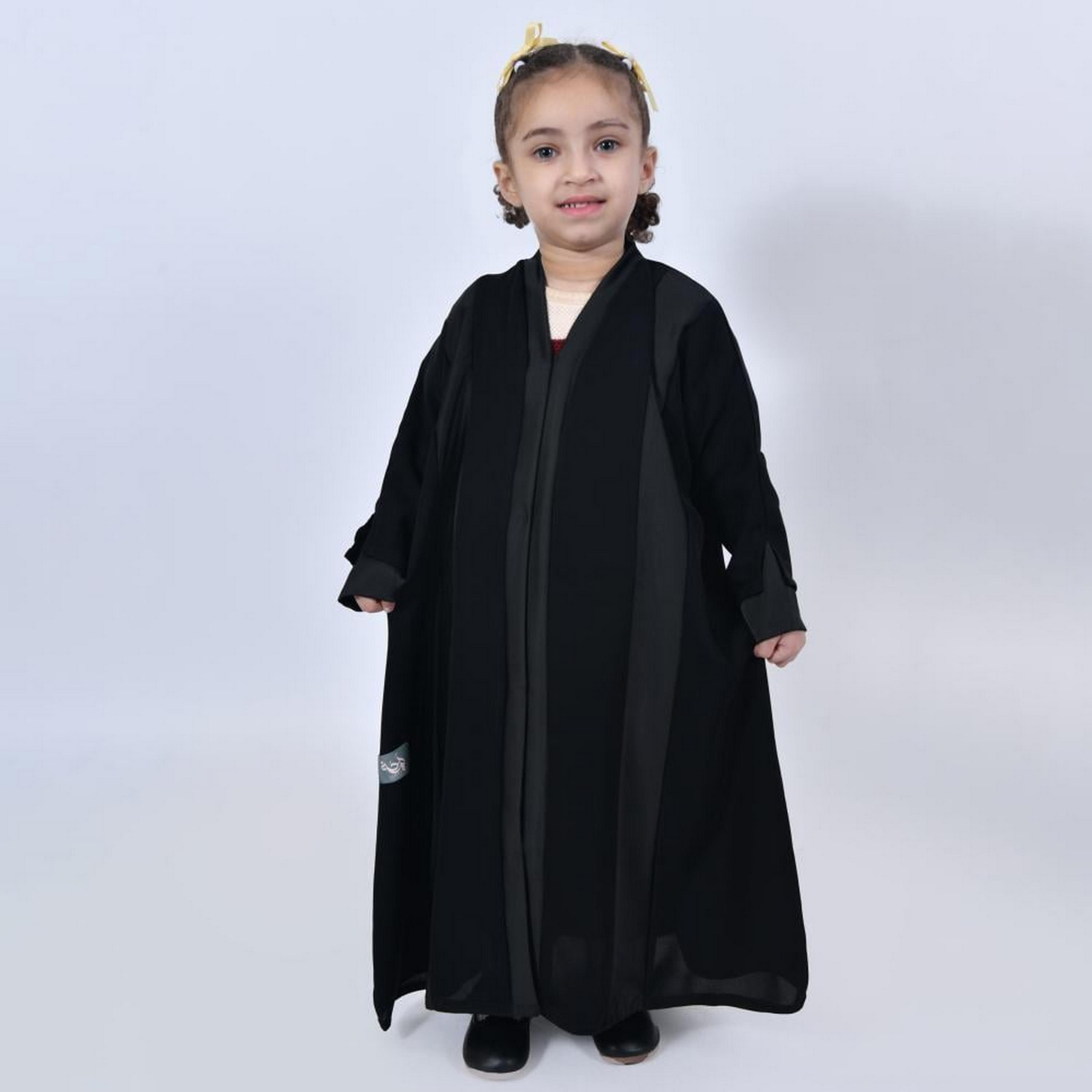 Lamha Black Colour Blocked Open-Front Neck Slit and Overlapping Sleeves Crepe Girls Abaya with Hijab-girls-arabicclothing-abayas-image-4