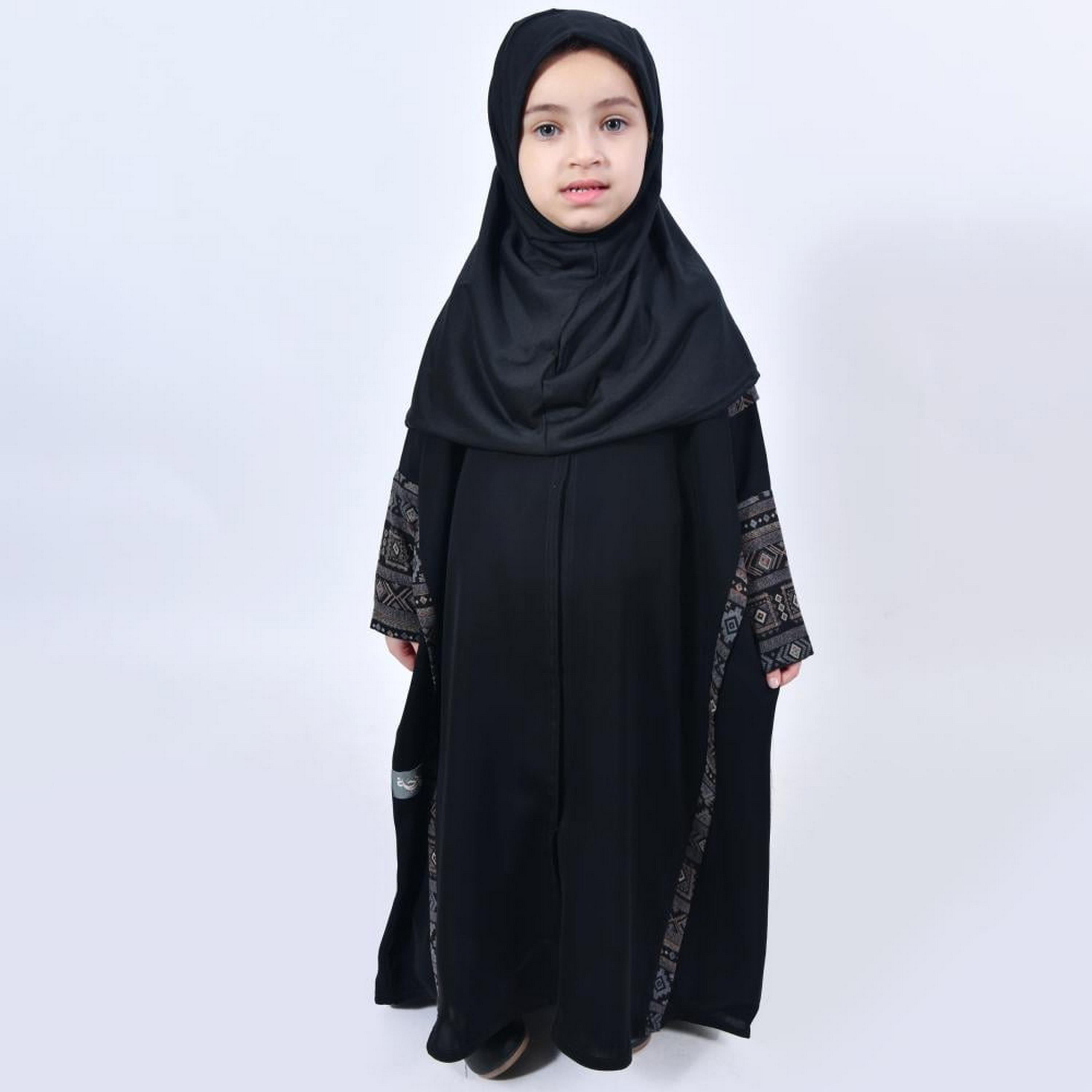 Lamha Black Open-Front Neck Crepe Girls Abaya with Hijab-girls-arabicclothing-abayas-image-1