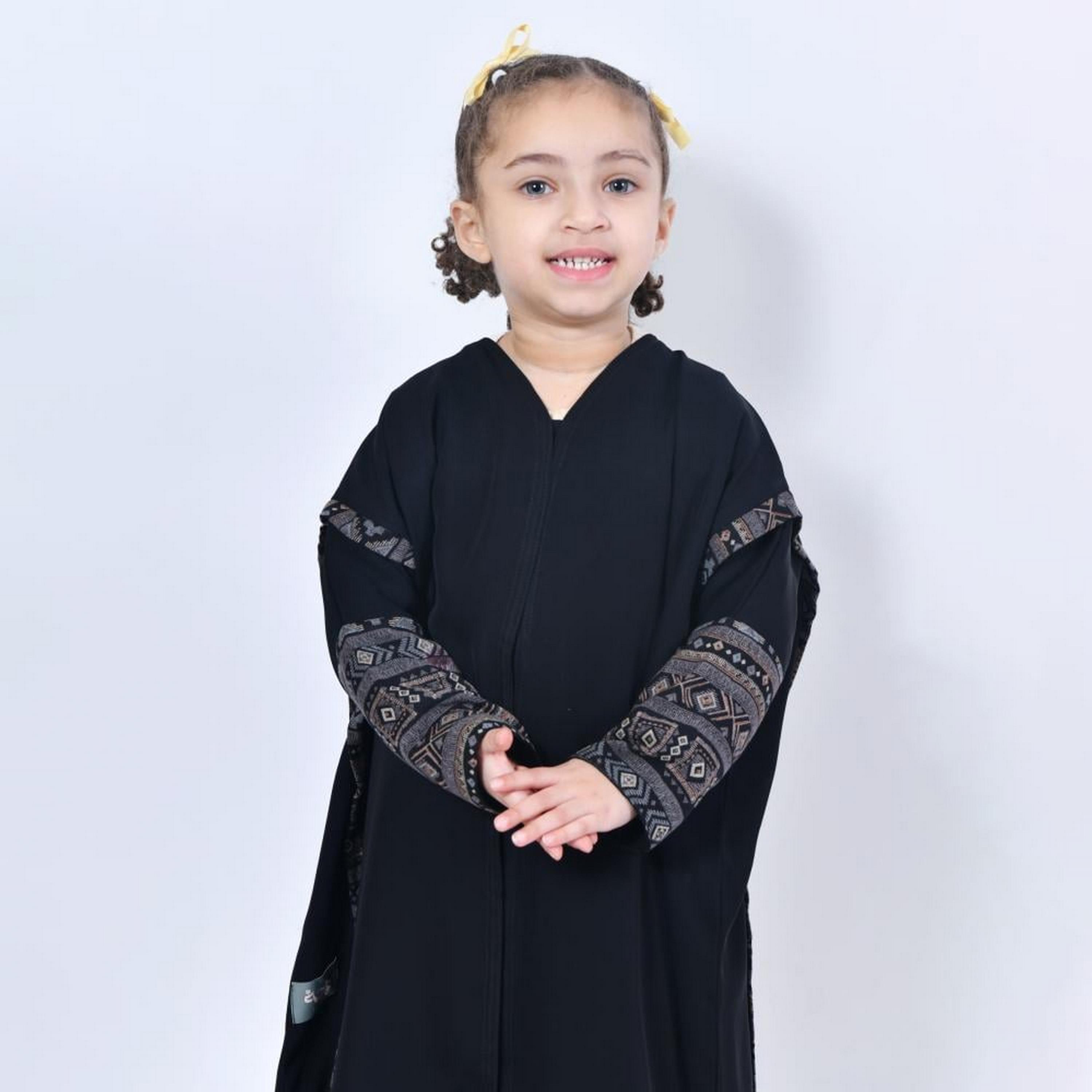 Lamha Black Open-Front Neck Crepe Girls Abaya with Hijab-girls-arabicclothing-abayas-image-2