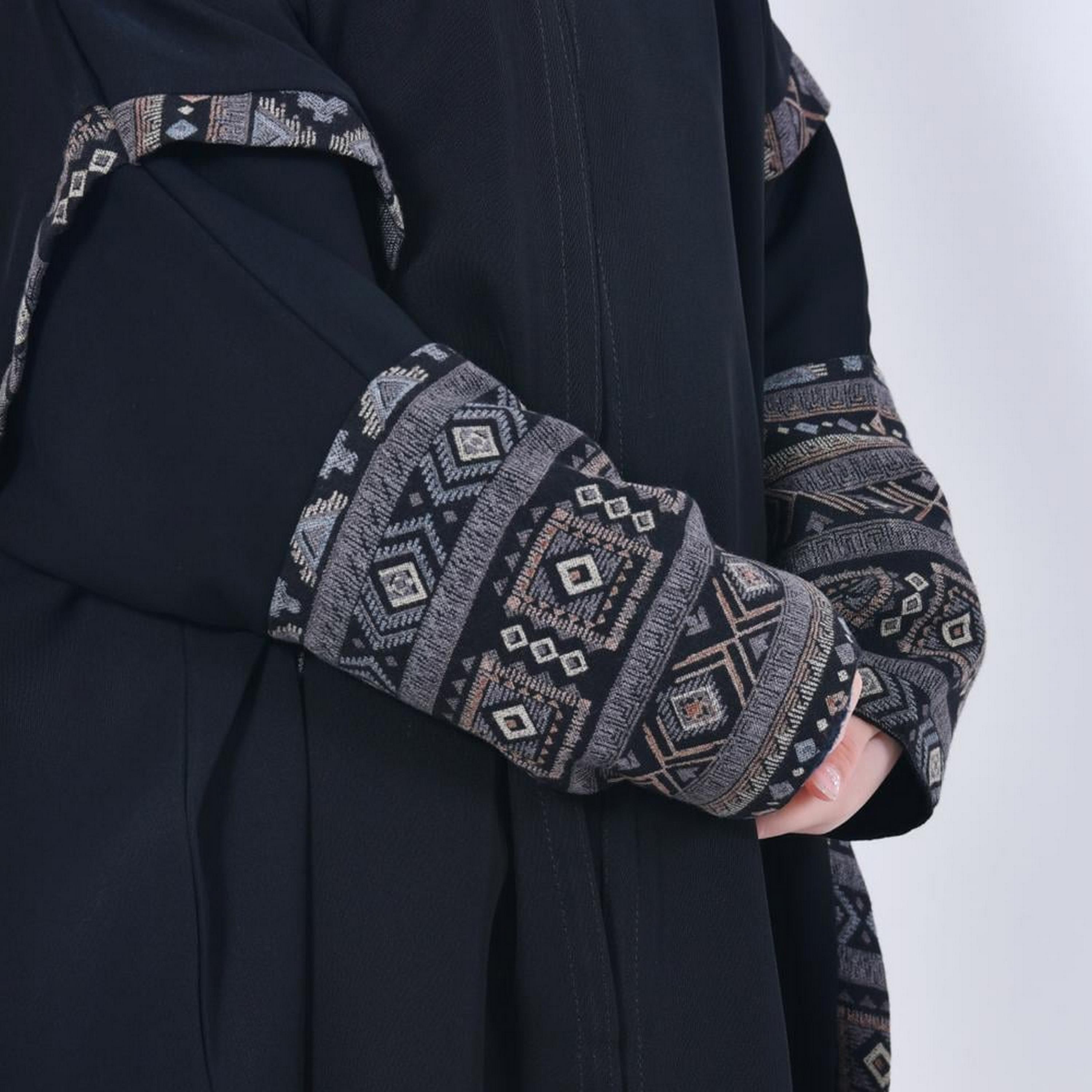 Lamha Black Open-Front Neck Crepe Girls Abaya with Hijab-girls-arabicclothing-abayas-image-3