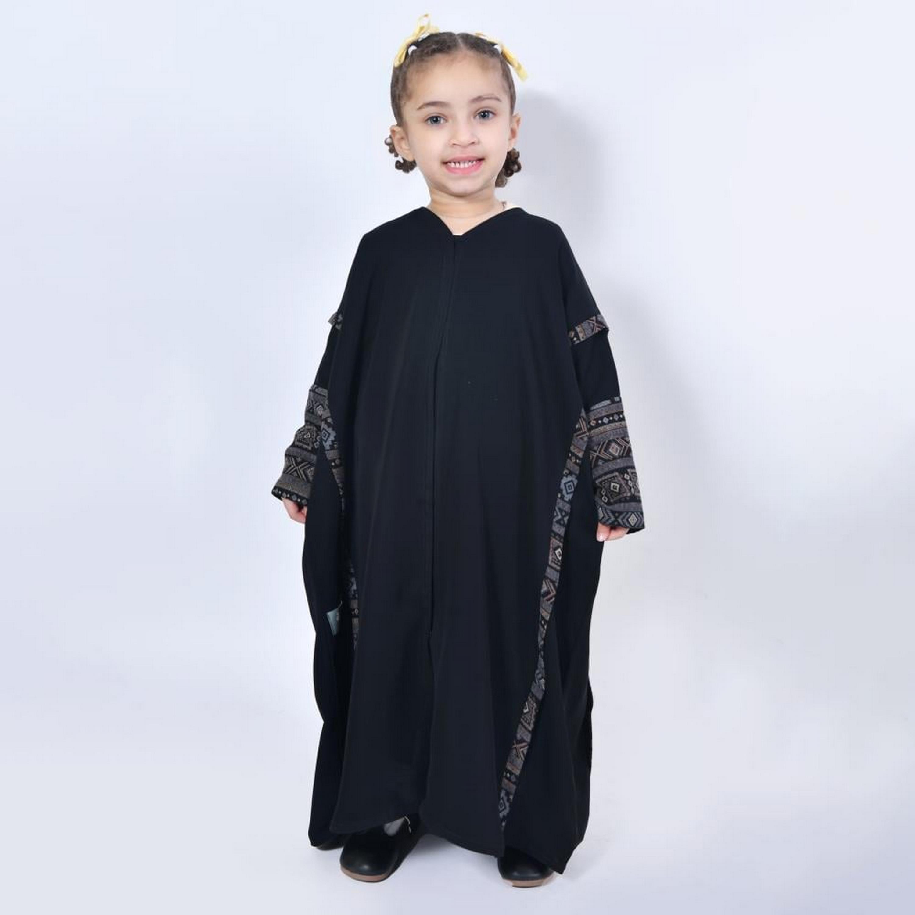 Lamha Black Open-Front Neck Crepe Girls Abaya with Hijab-girls-arabicclothing-abayas-image-4