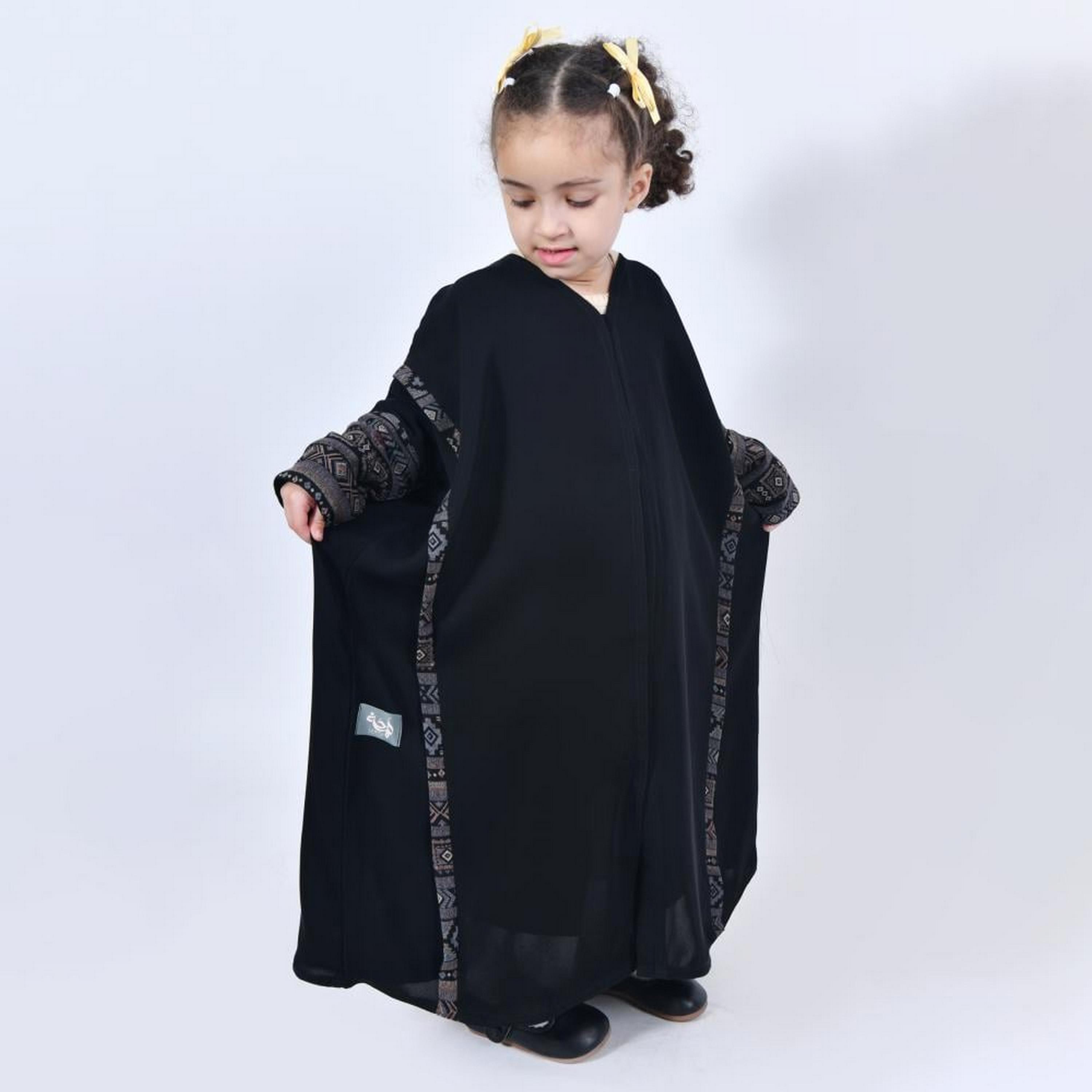 Lamha Black Open-Front Neck Crepe Girls Abaya with Hijab-girls-arabicclothing-abayas-image-6