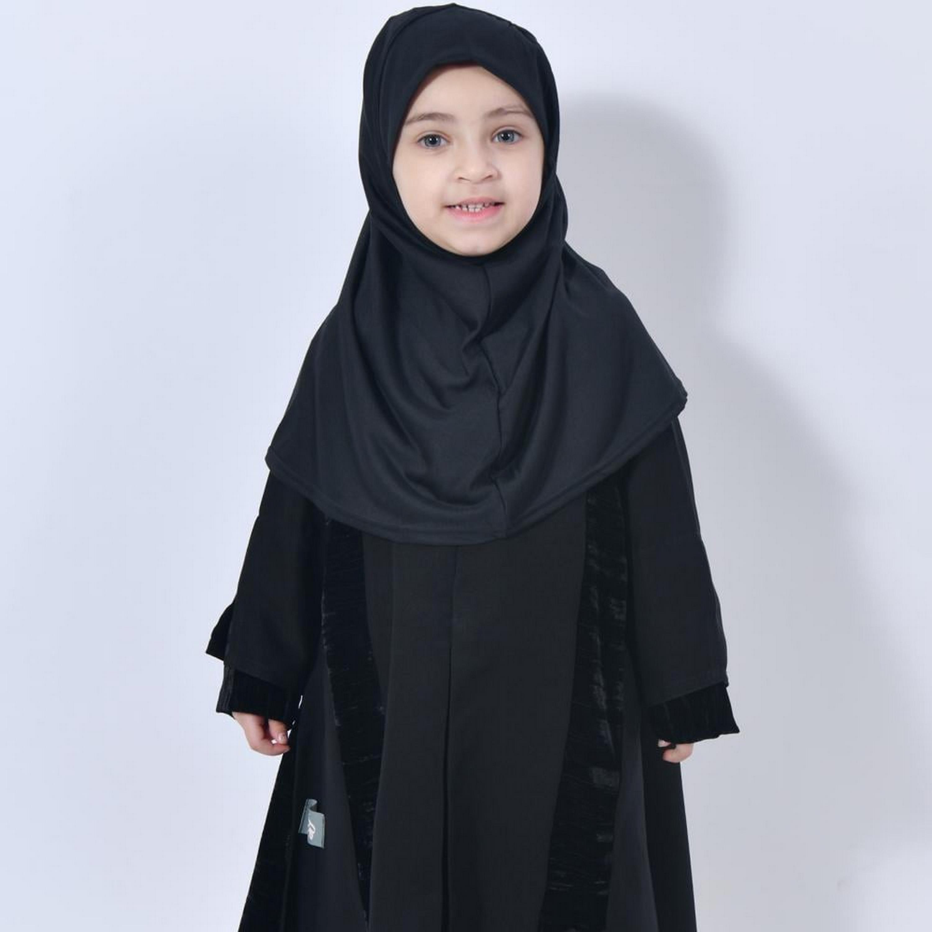 عباية لامها باللون الأسود مع ياقة ماندرين وأكمام من الكريب للفتيات مع حجاب-girls-arabicclothing-abayas-image-2